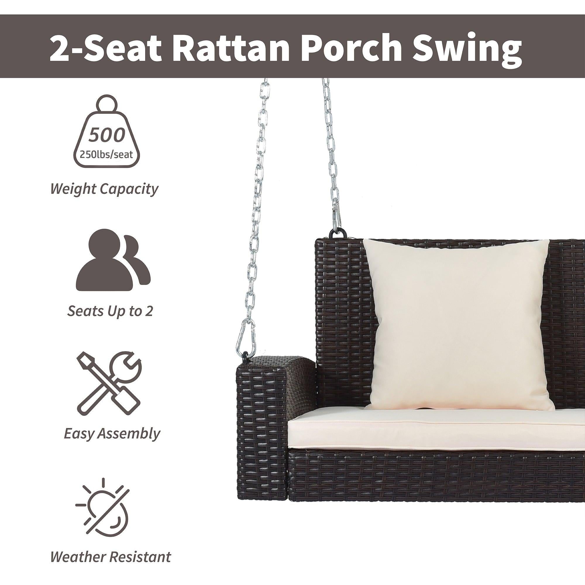 2-Person Brown Wicker Hanging Porch Swing with Chains, White Cushions and Pillows