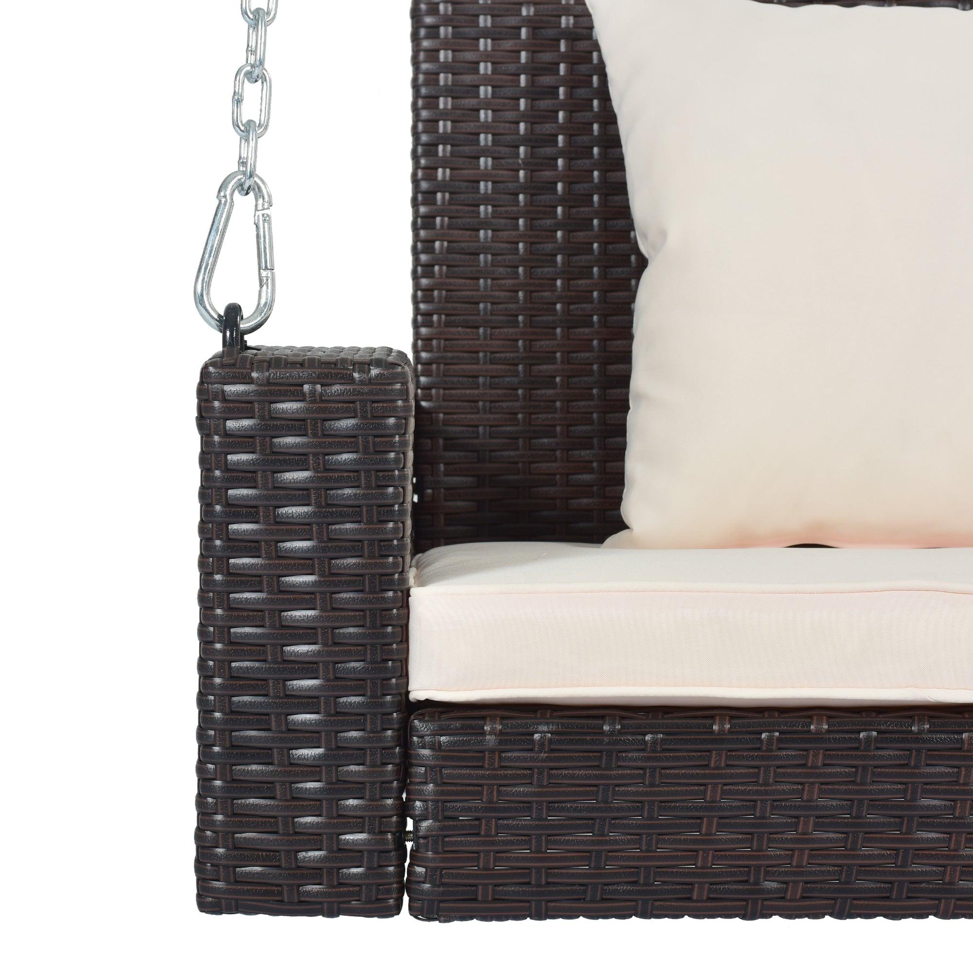 2-Person Brown Wicker Hanging Porch Swing with Chains, White Cushions and Pillows