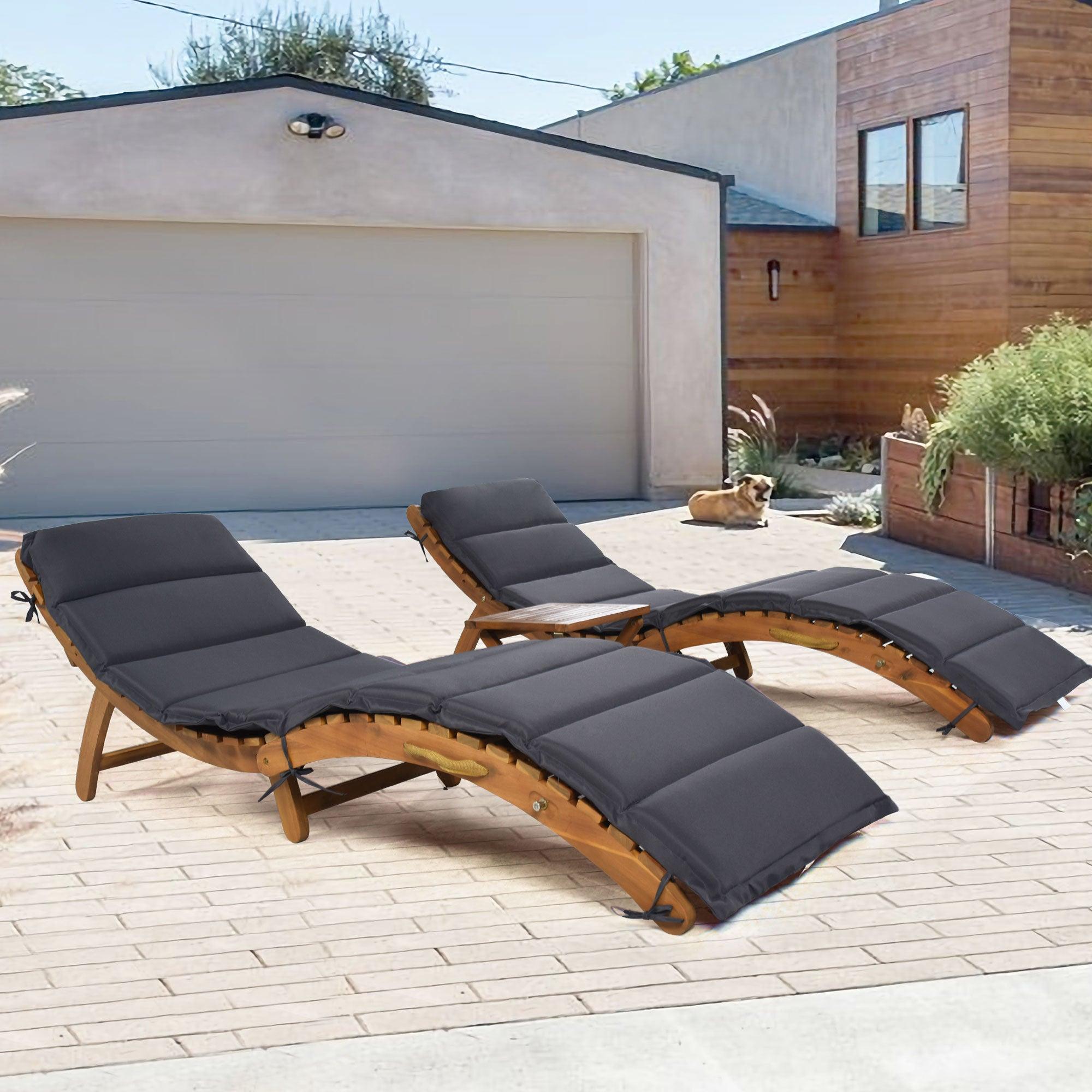 Outdoor Patio Wood Portable Extended Chaise Lounge Set with Foldable Tea Table and Dark Gray Cushions image