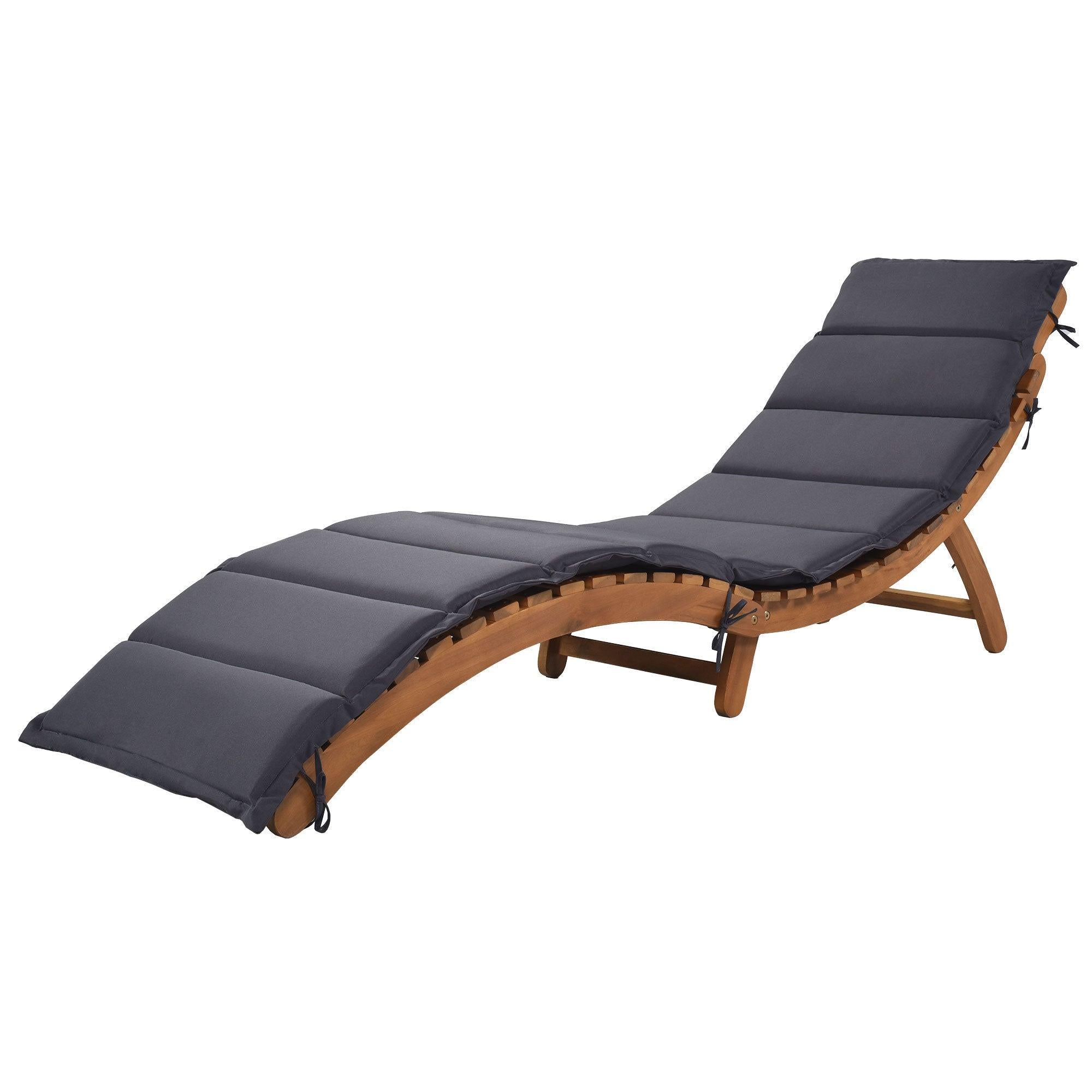 Outdoor Patio Wood Portable Extended Chaise Lounge Set with Foldable Tea Table and Dark Gray Cushions