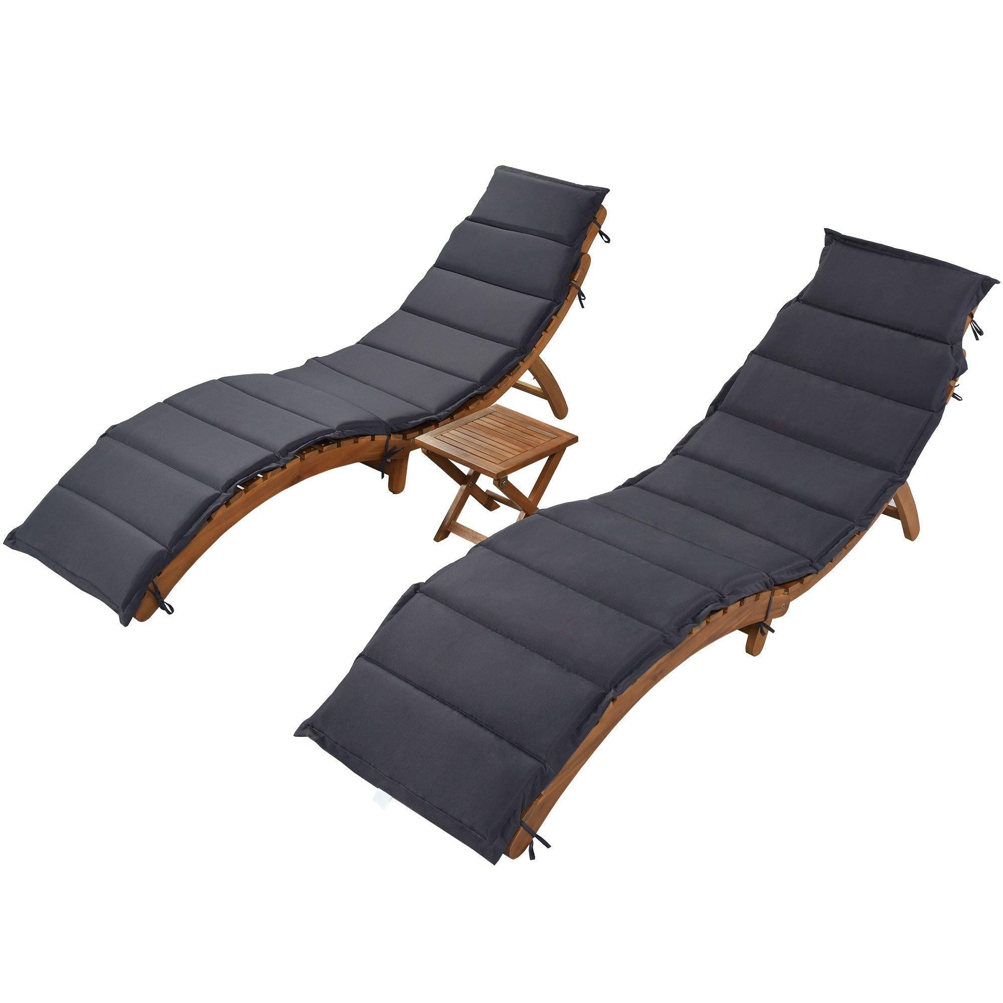 Outdoor Patio Wood Portable Extended Chaise Lounge Set with Foldable Tea Table and Dark Gray Cushions