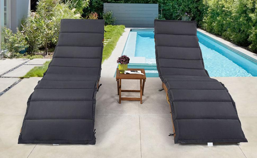 Outdoor Patio Wood Portable Extended Chaise Lounge Set with Foldable Tea Table and Dark Gray Cushions