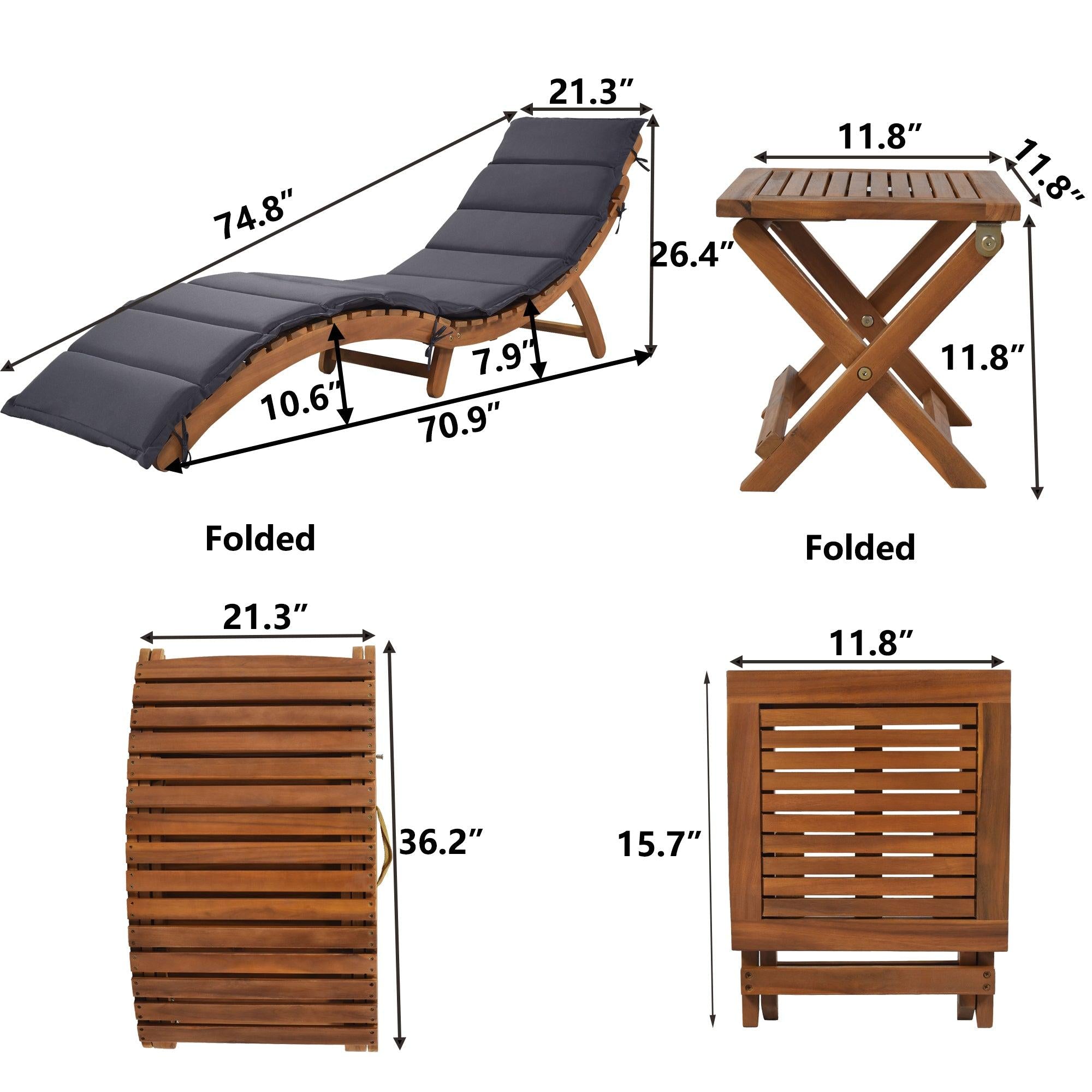 Outdoor Patio Wood Portable Extended Chaise Lounge Set with Foldable Tea Table and Dark Gray Cushions