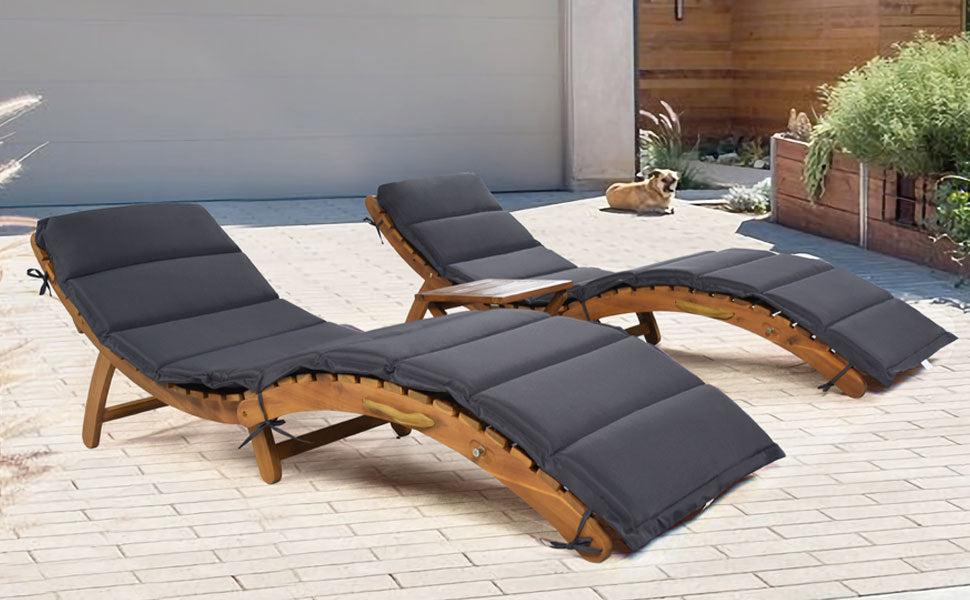 Outdoor Patio Wood Portable Extended Chaise Lounge Set with Foldable Tea Table and Dark Gray Cushions