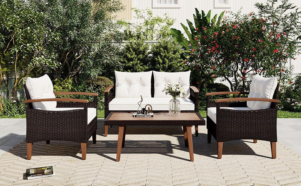 4 PCS Outdoor Garden PE Rattan Seating Furniture Set with Beige Cushions