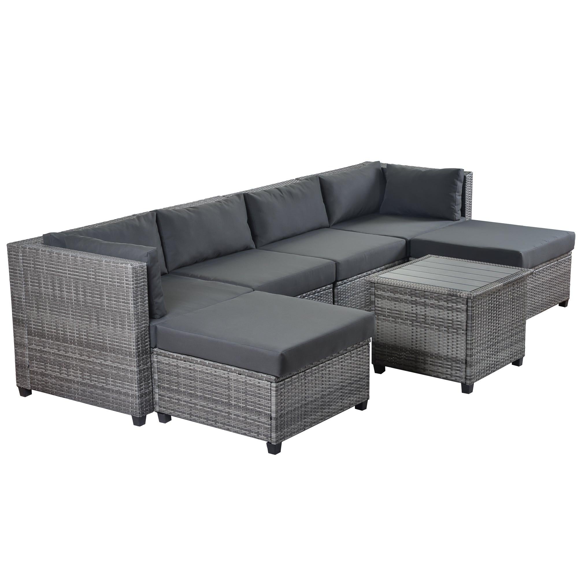 7 PCS Outdoor Rattan Sectional Seating Group with Gray Cushions