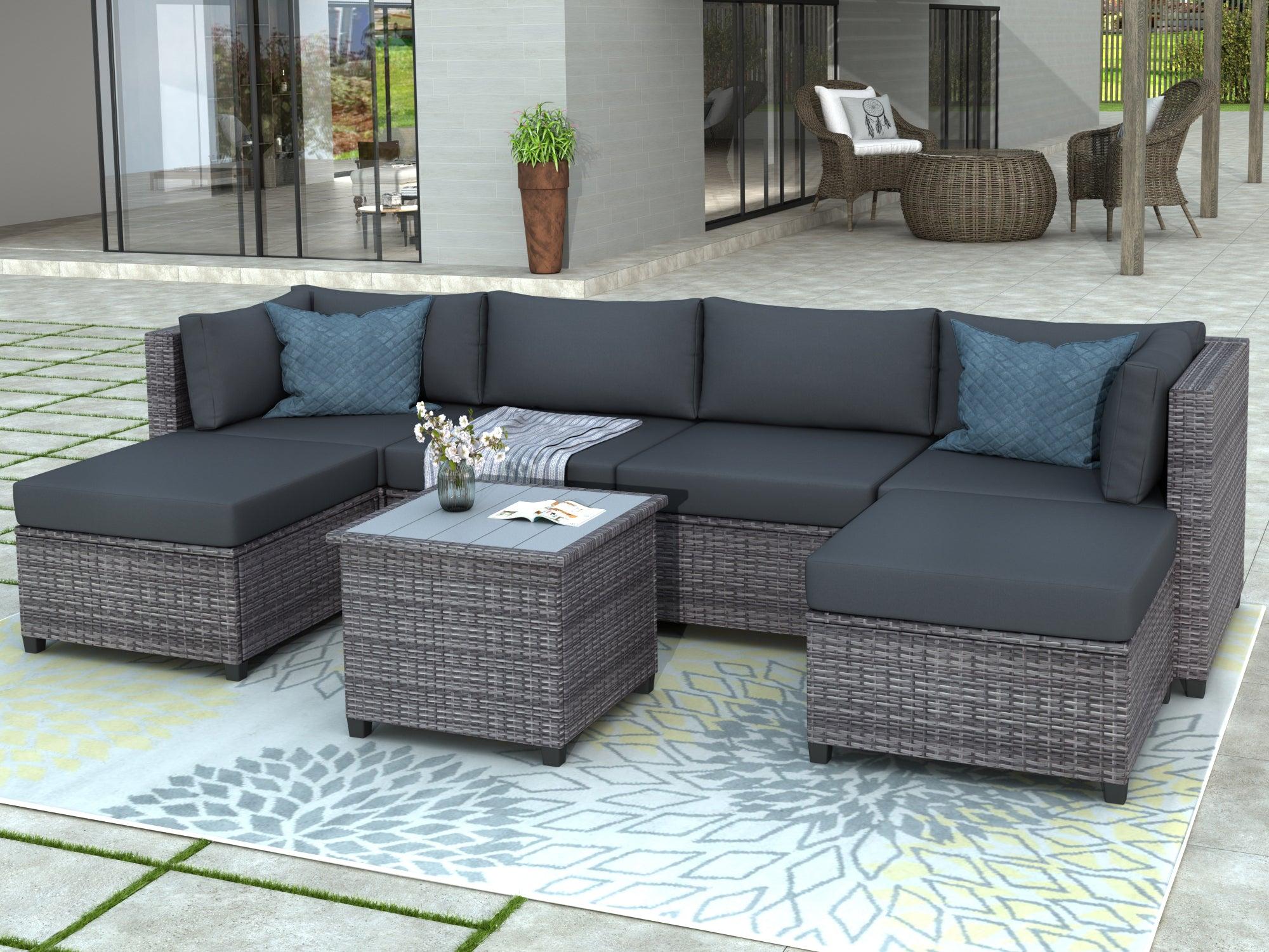 7 PCS Outdoor Rattan Sectional Seating Group with Gray Cushions