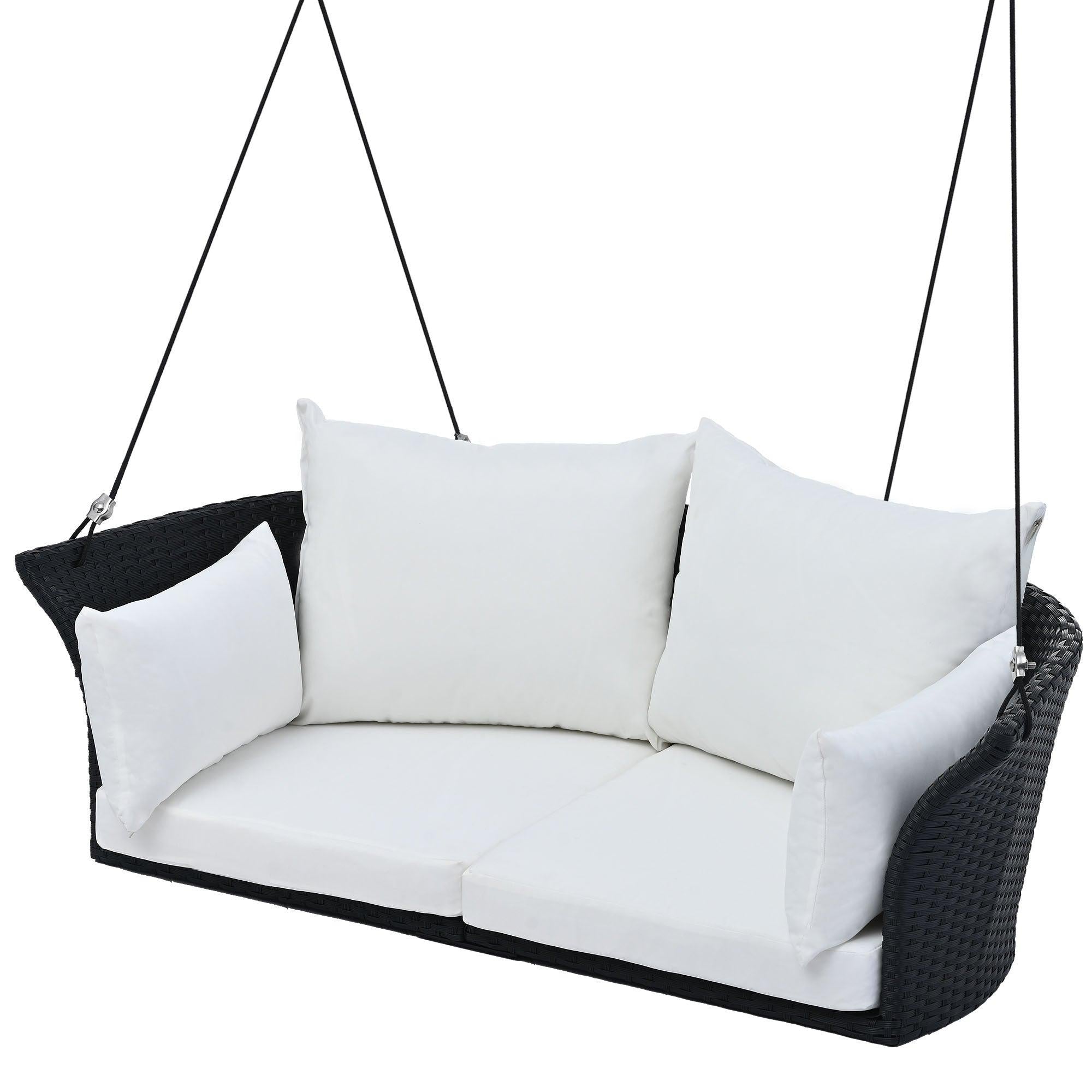 2-Person Rattan Woven Swing Hanging Seat With Ropes, Black Wicker and White Cushion