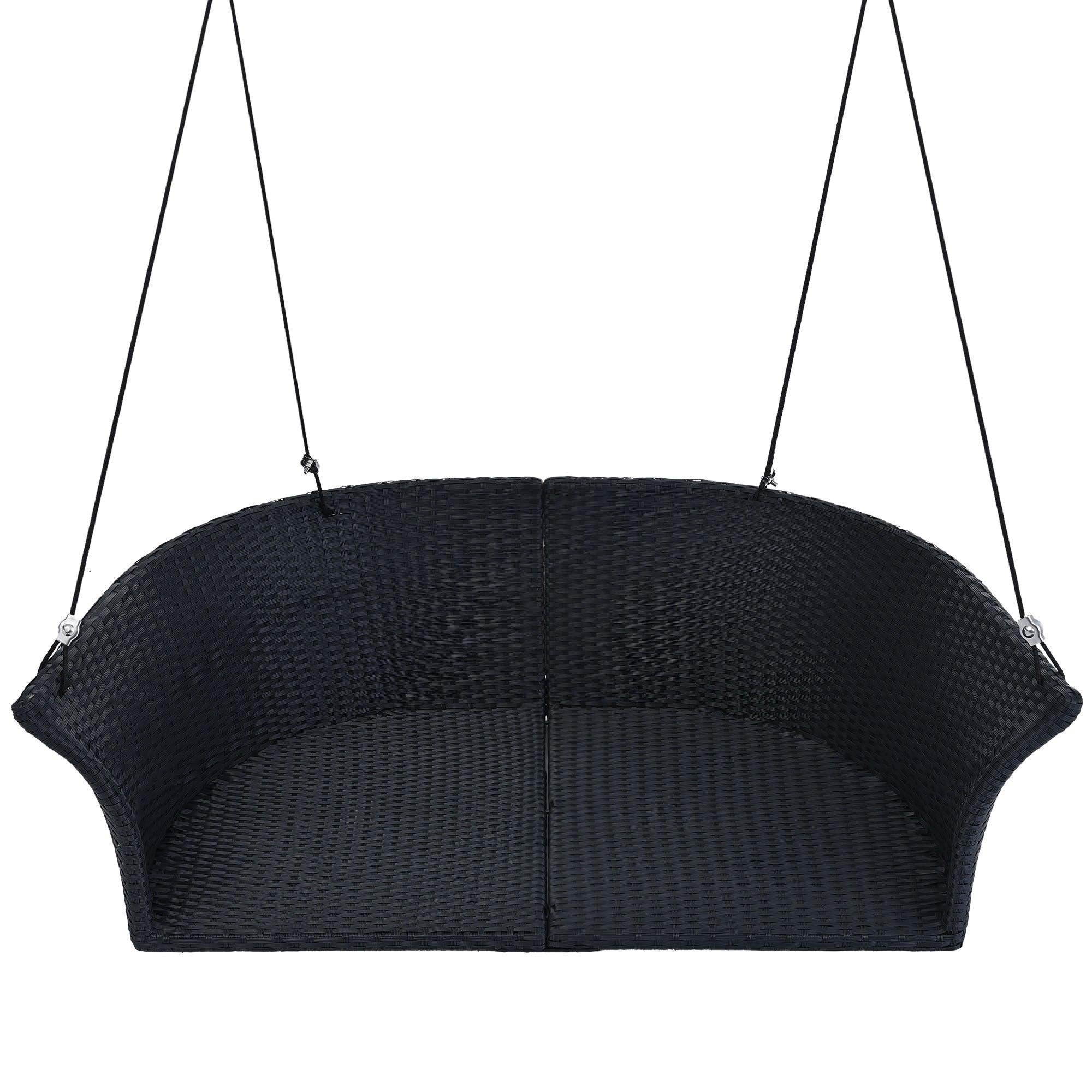 2-Person Rattan Woven Swing Hanging Seat With Ropes, Black Wicker and White Cushion