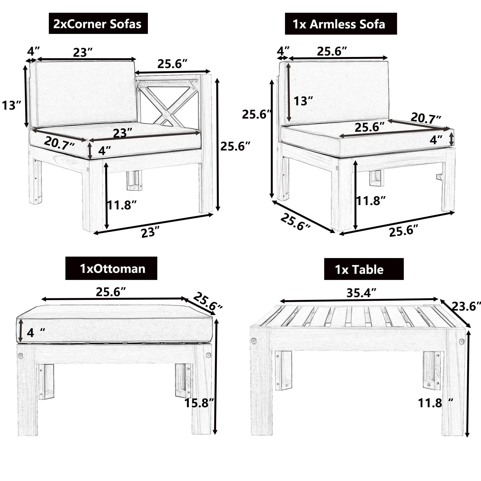 5 PCS Outdoor Backyard Patio Wood Sectional Sofa Seating Group Set with Beige Cushions