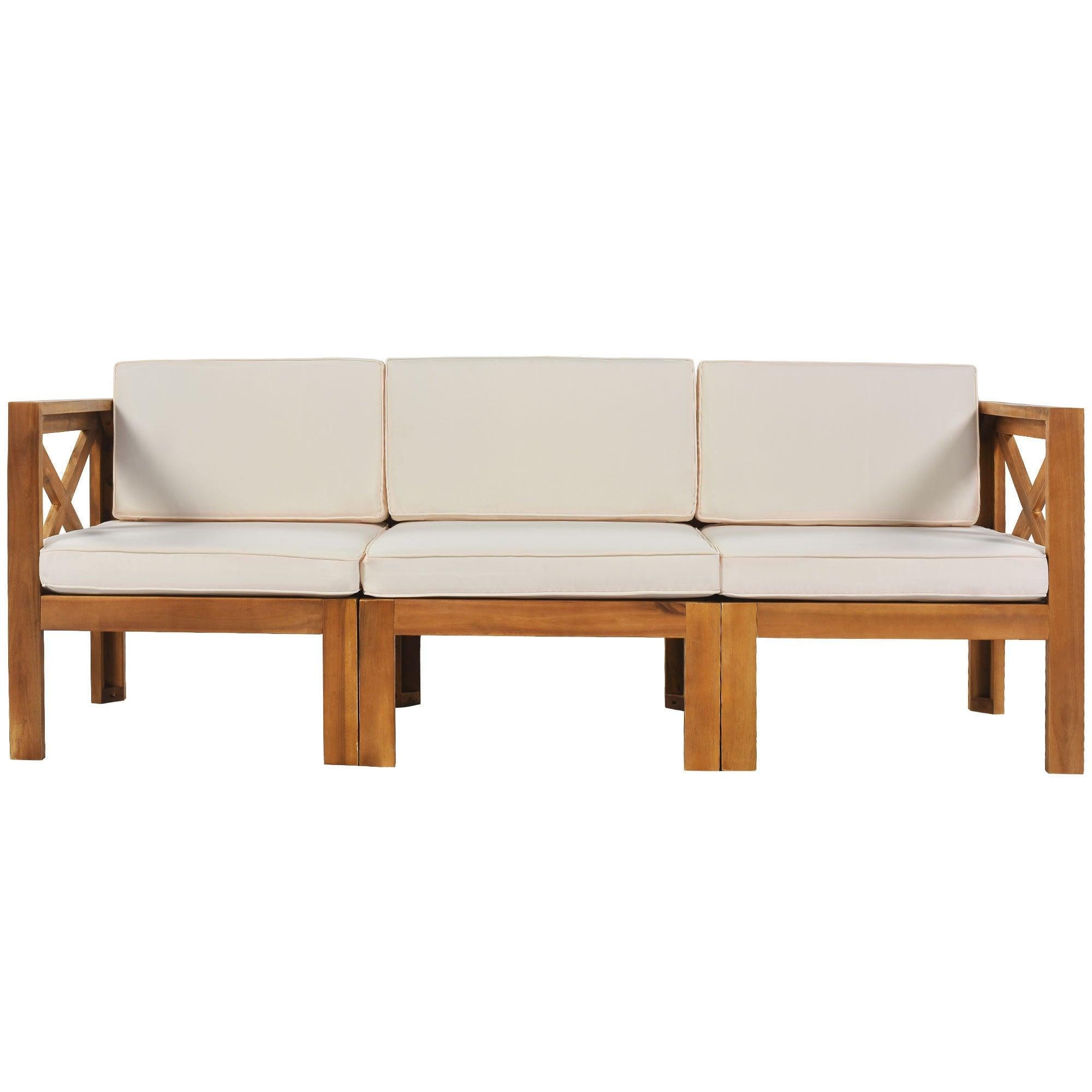 5 PCS Outdoor Backyard Patio Wood Sectional Sofa Seating Group Set with Beige Cushions