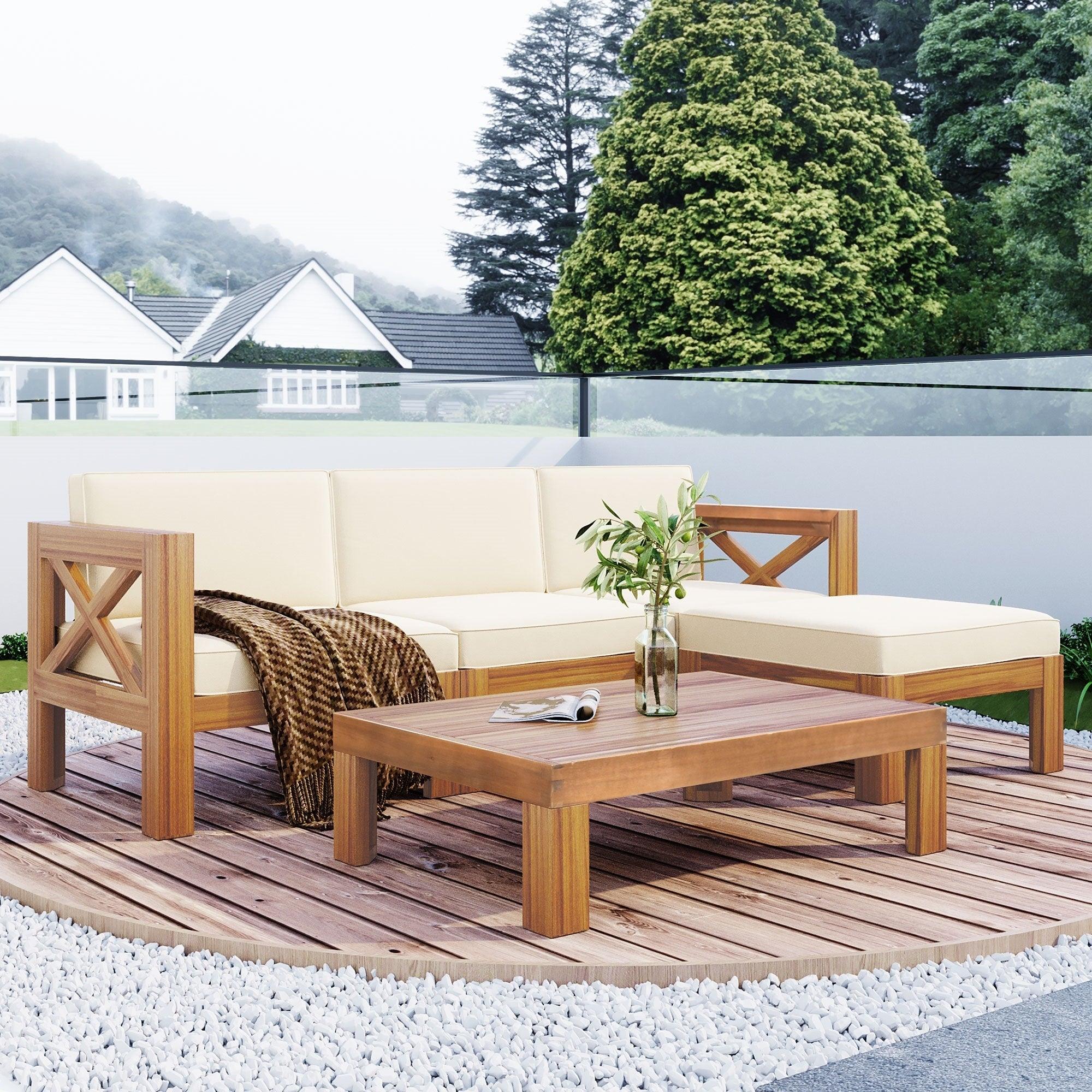 5 PCS Outdoor Backyard Patio Wood Sectional Sofa Seating Group Set with Beige Cushions