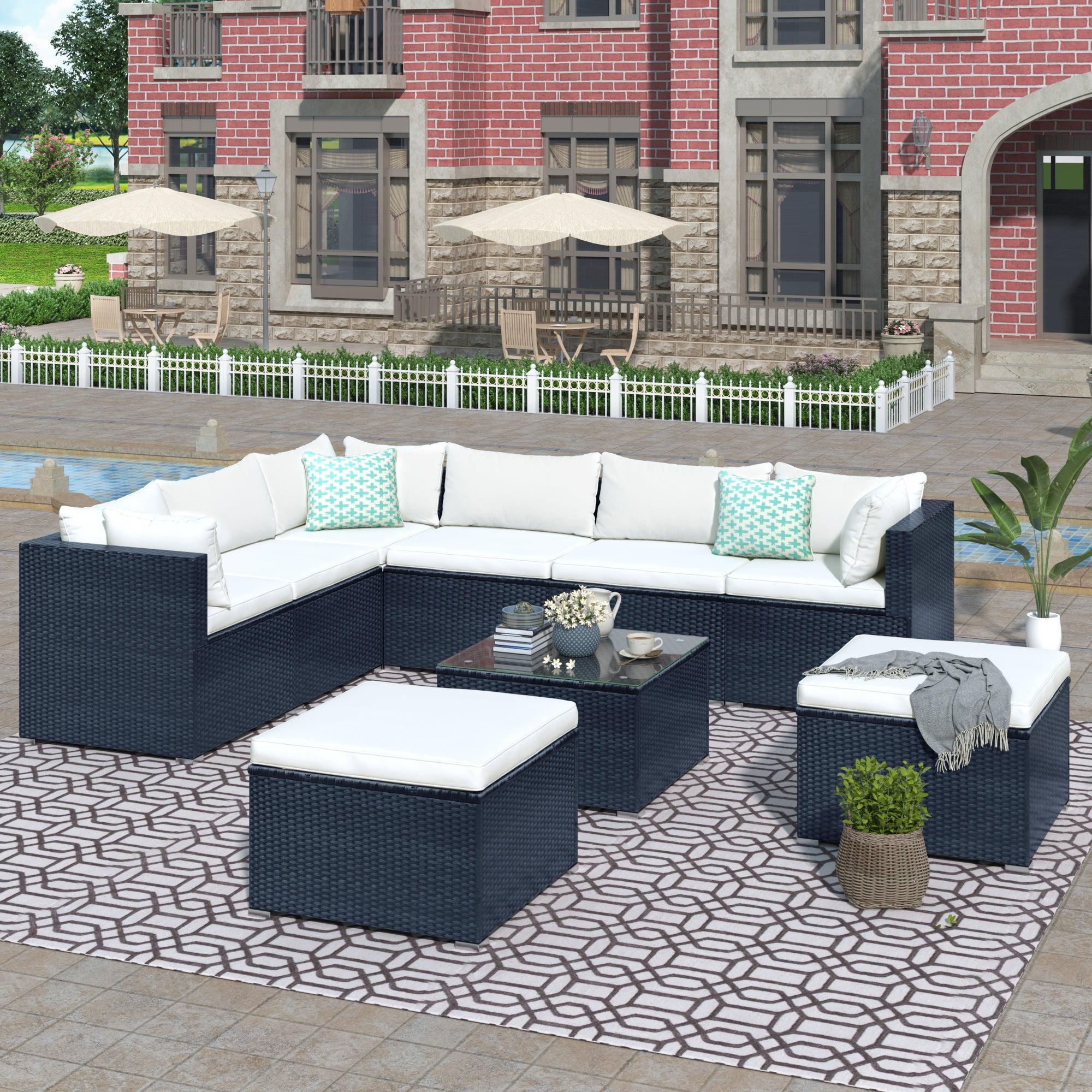 9 PCS Outdoor Patio PE Wicker Rattan Arrangeable Sectional Sofa Set with Beige Cushions image