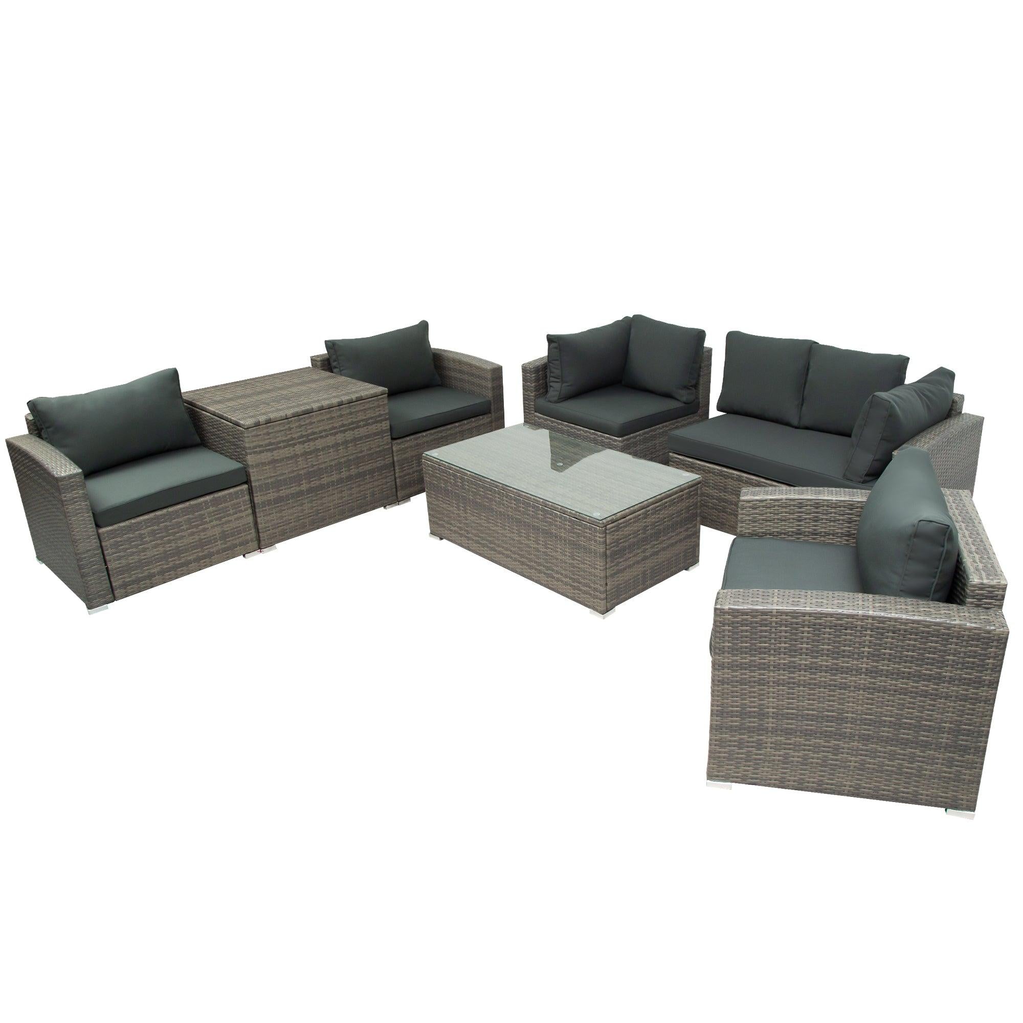 7 PCS Outdoor Patio Arrangeable Wicker Rattan Furniture Sets with Table,Storage Box, and Gray Cushion