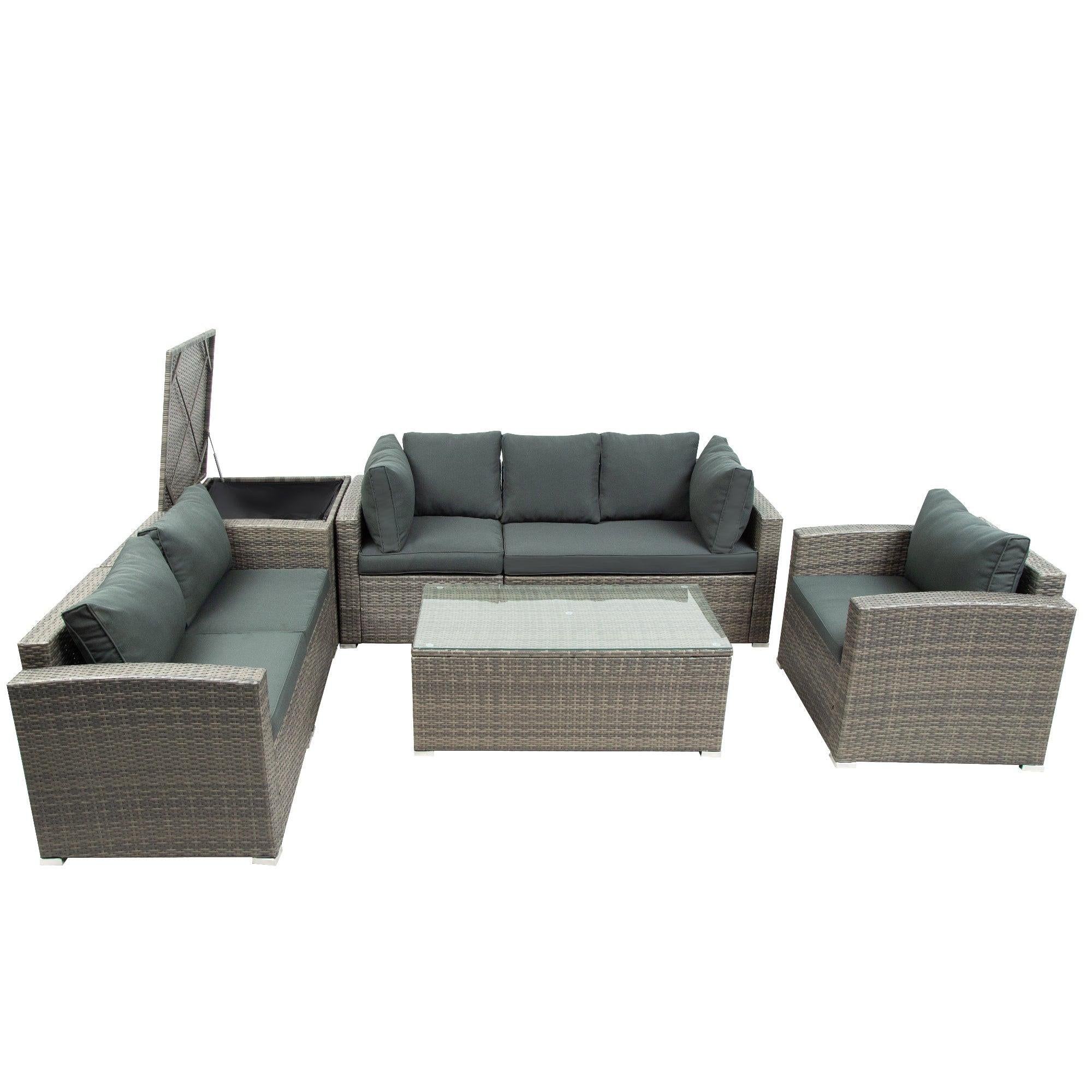 7 PCS Outdoor Patio Arrangeable Wicker Rattan Furniture Sets with Table,Storage Box, and Gray Cushion