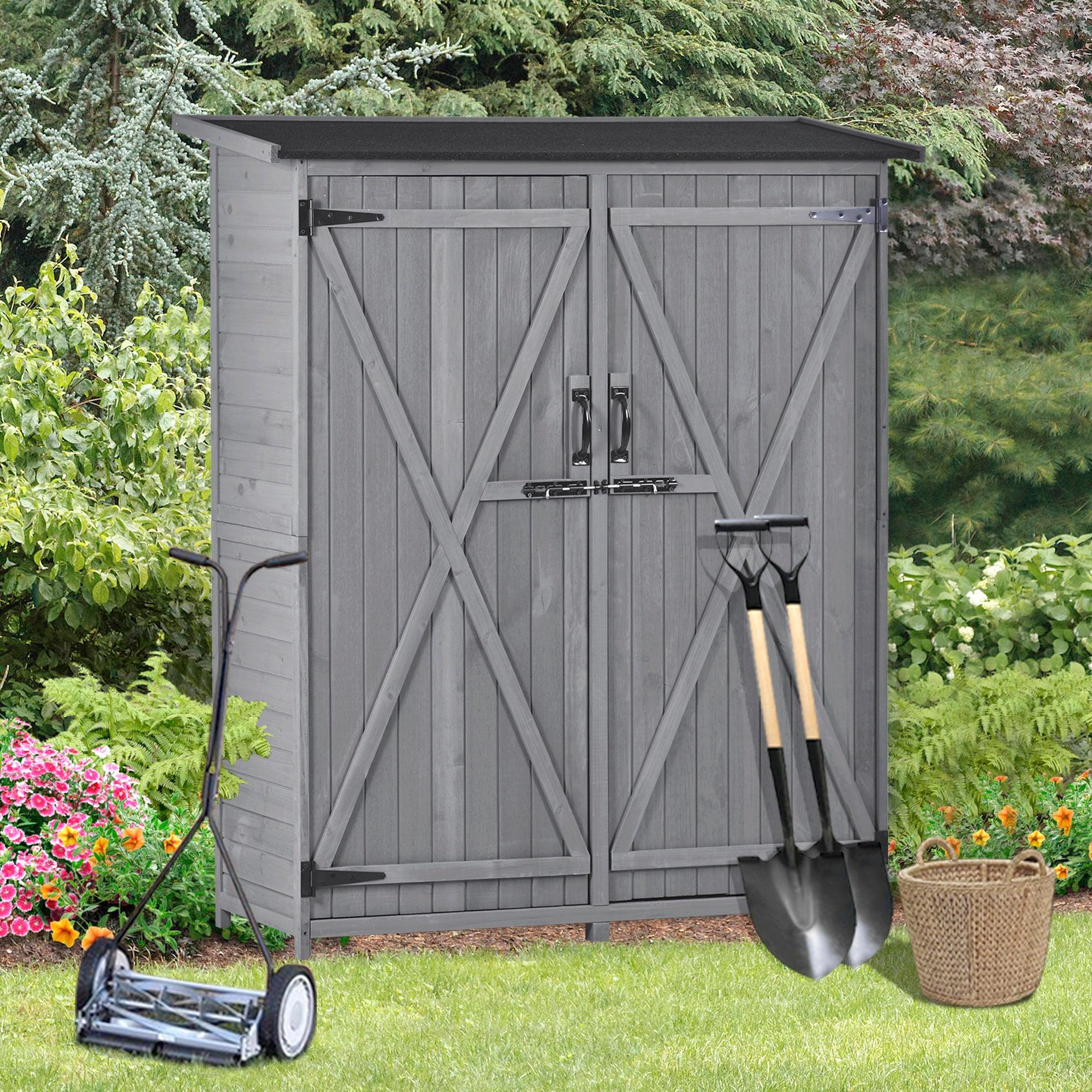 5.3ft x 4.6ft Outdoor WoodStorage Shed Tool Organizer with 3-tier Shelves, Waterproof Asphalt Roof, and Double Lockable Doors  - Gray image