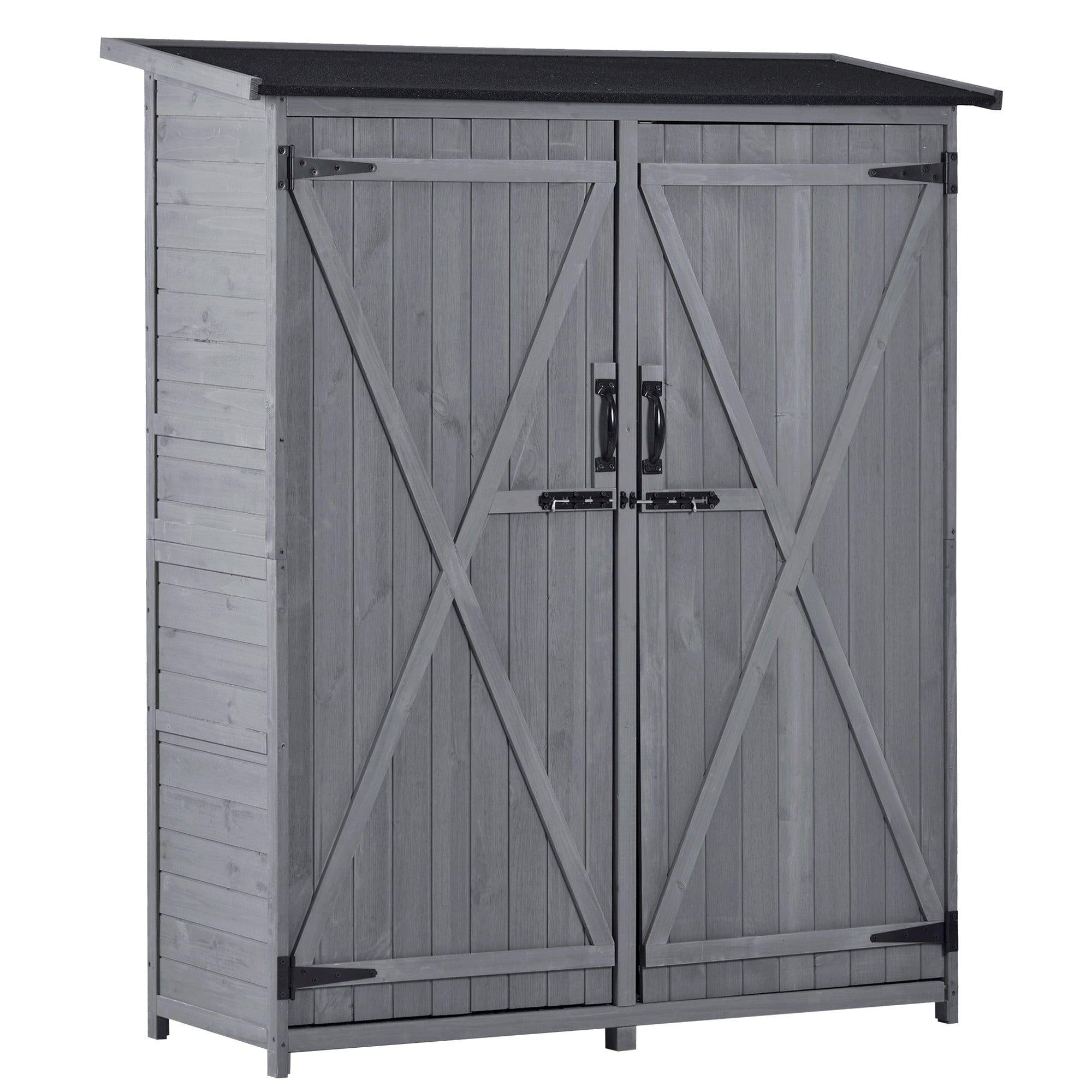 5.3ft x 4.6ft Outdoor WoodStorage Shed Tool Organizer with 3-tier Shelves, Waterproof Asphalt Roof, and Double Lockable Doors  - Gray