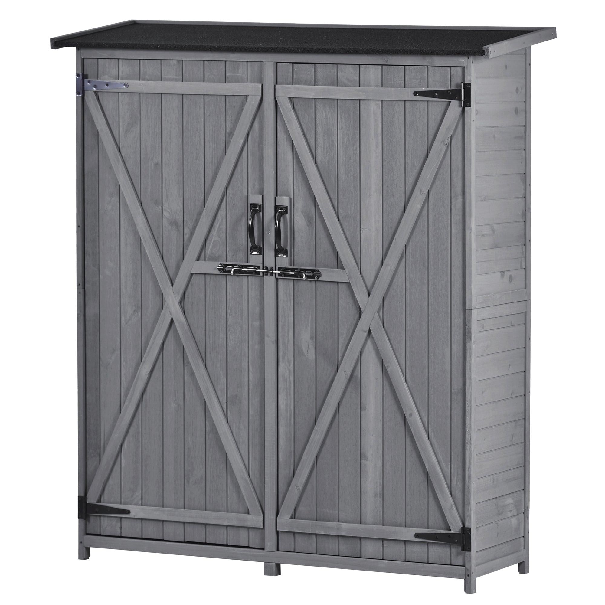 5.3ft x 4.6ft Outdoor WoodStorage Shed Tool Organizer with 3-tier Shelves, Waterproof Asphalt Roof, and Double Lockable Doors  - Gray