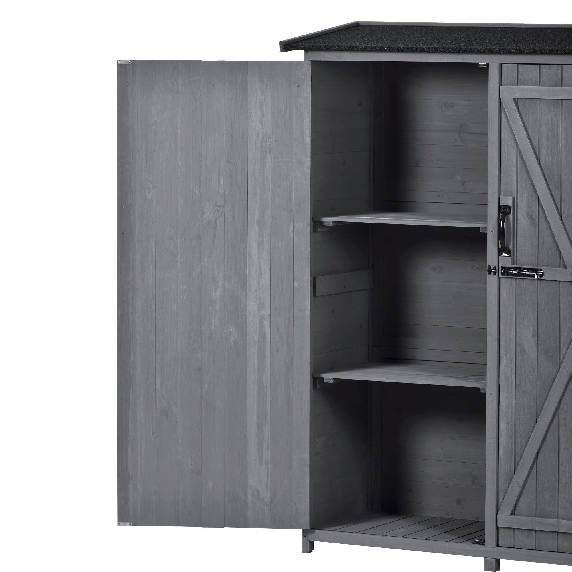 5.3ft x 4.6ft Outdoor WoodStorage Shed Tool Organizer with 3-tier Shelves, Waterproof Asphalt Roof, and Double Lockable Doors  - Gray