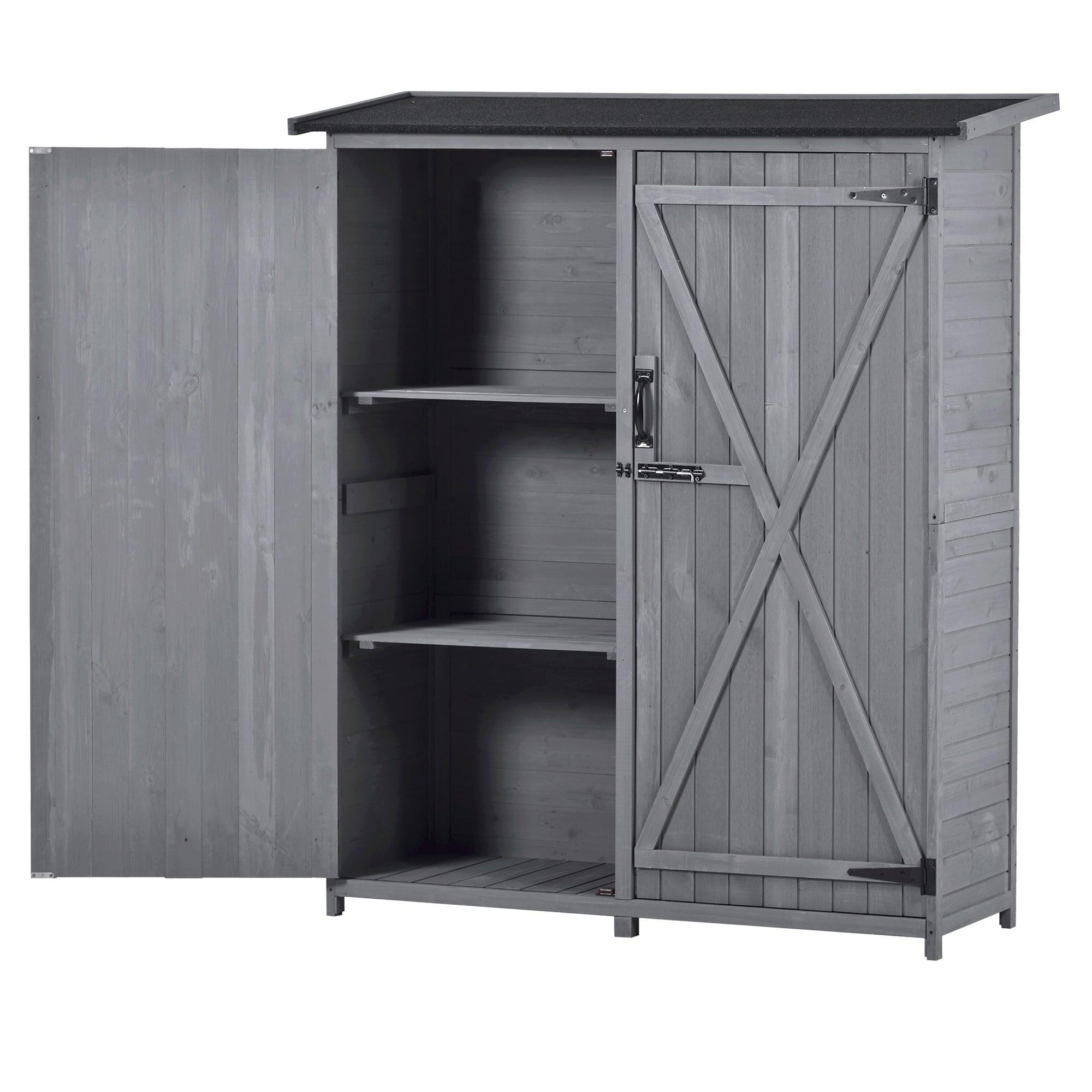 5.3ft x 4.6ft Outdoor WoodStorage Shed Tool Organizer with 3-tier Shelves, Waterproof Asphalt Roof, and Double Lockable Doors  - Gray