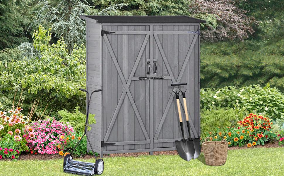 5.3ft x 4.6ft Outdoor WoodStorage Shed Tool Organizer with 3-tier Shelves, Waterproof Asphalt Roof, and Double Lockable Doors  - Gray