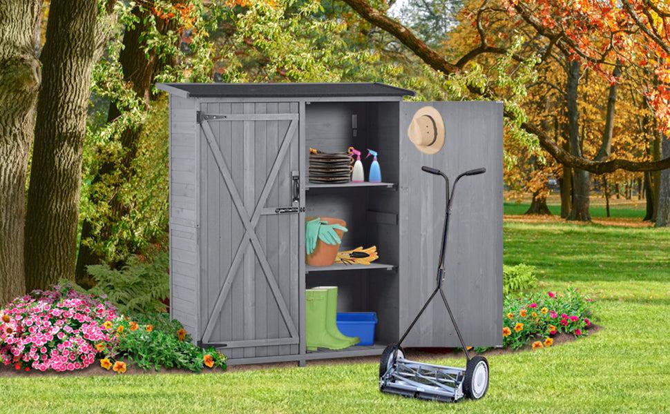 5.3ft x 4.6ft Outdoor WoodStorage Shed Tool Organizer with 3-tier Shelves, Waterproof Asphalt Roof, and Double Lockable Doors  - Gray