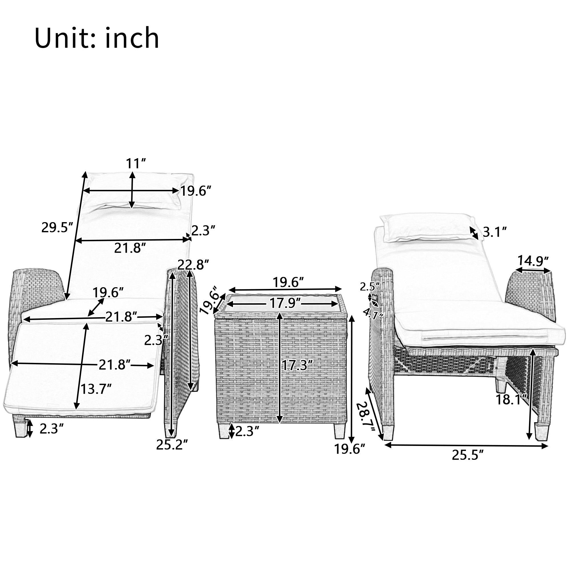 2 PCS Outdoor Adjustable Armchairs with Gray Cushions and Glass Table Top