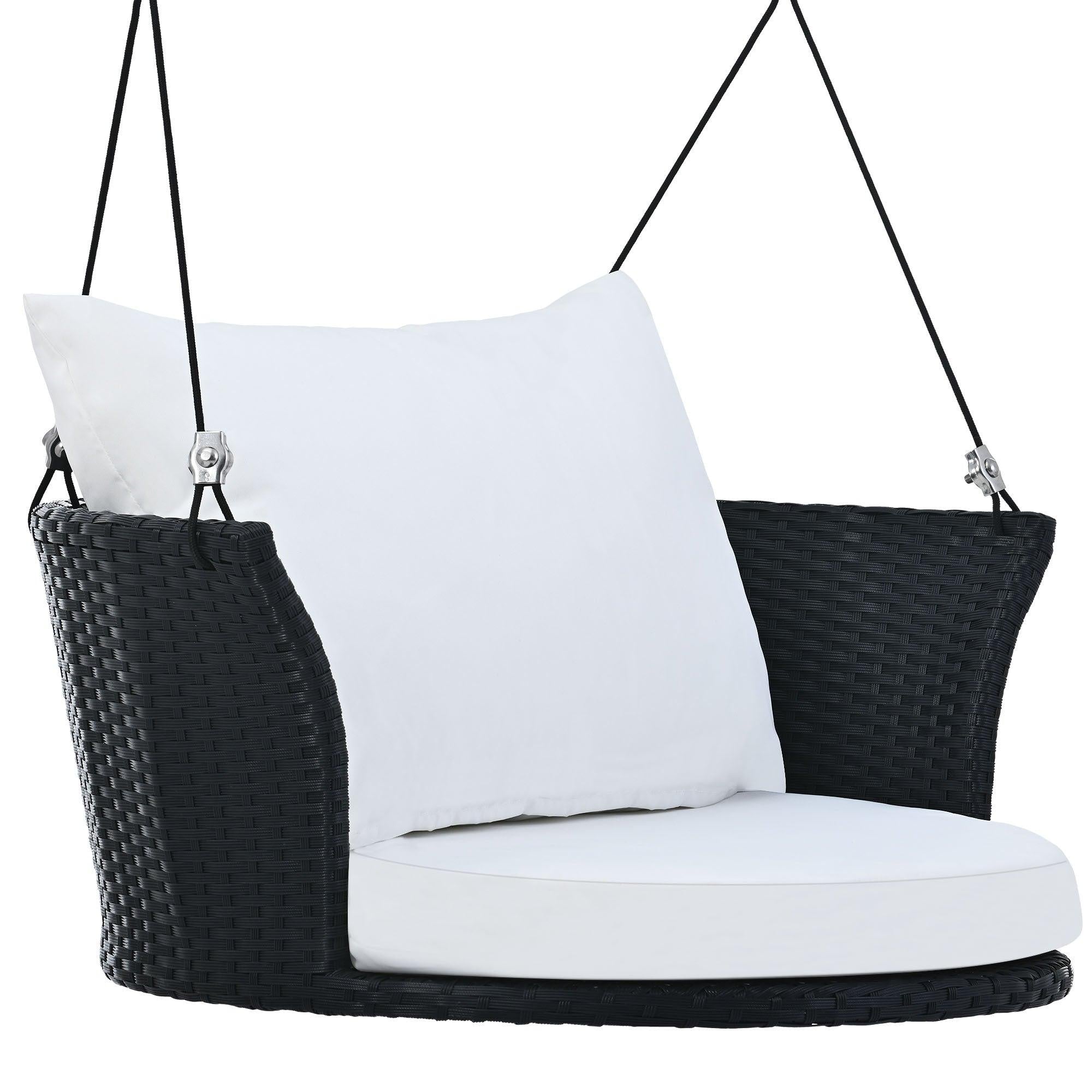 Single Person Rattan Woven Swing Hanging Seat With Ropes, Black Wicker and White Cushion