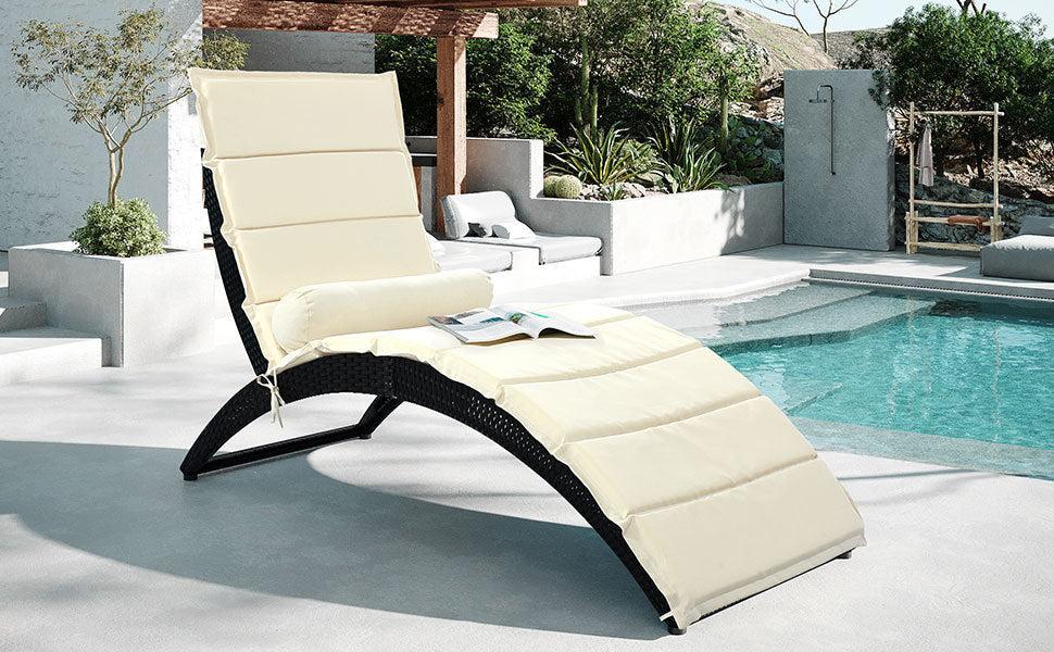 Outdoor Patio PE Rattan Wicker Sun Foldable Chaise Lounger with Removable Beige Cushion and Bolster Pillows