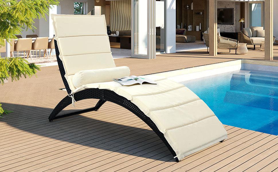 Outdoor Patio PE Rattan Wicker Sun Foldable Chaise Lounger with Removable Beige Cushion and Bolster Pillows