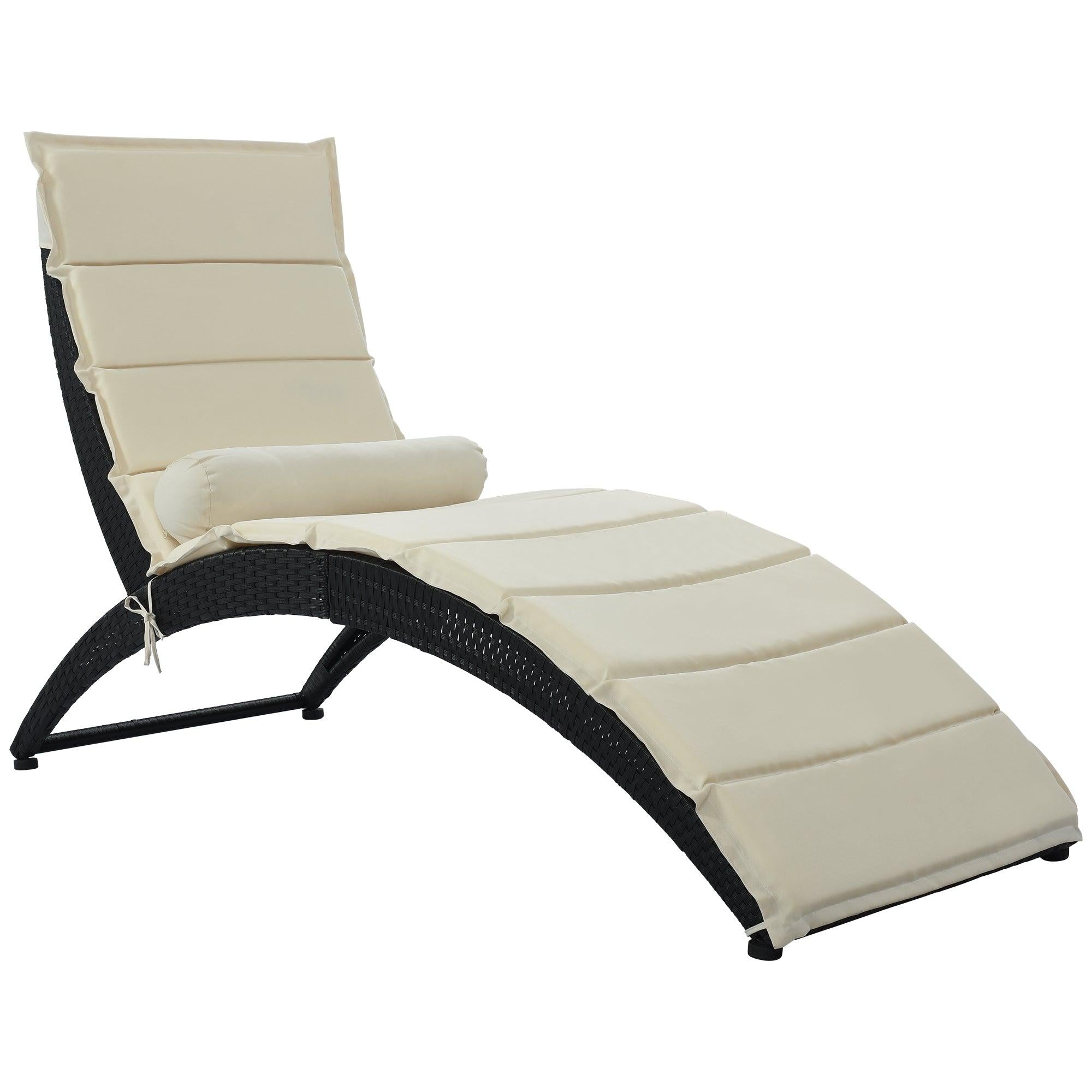 Outdoor Patio PE Rattan Wicker Sun Foldable Chaise Lounger with Removable Beige Cushion and Bolster Pillows