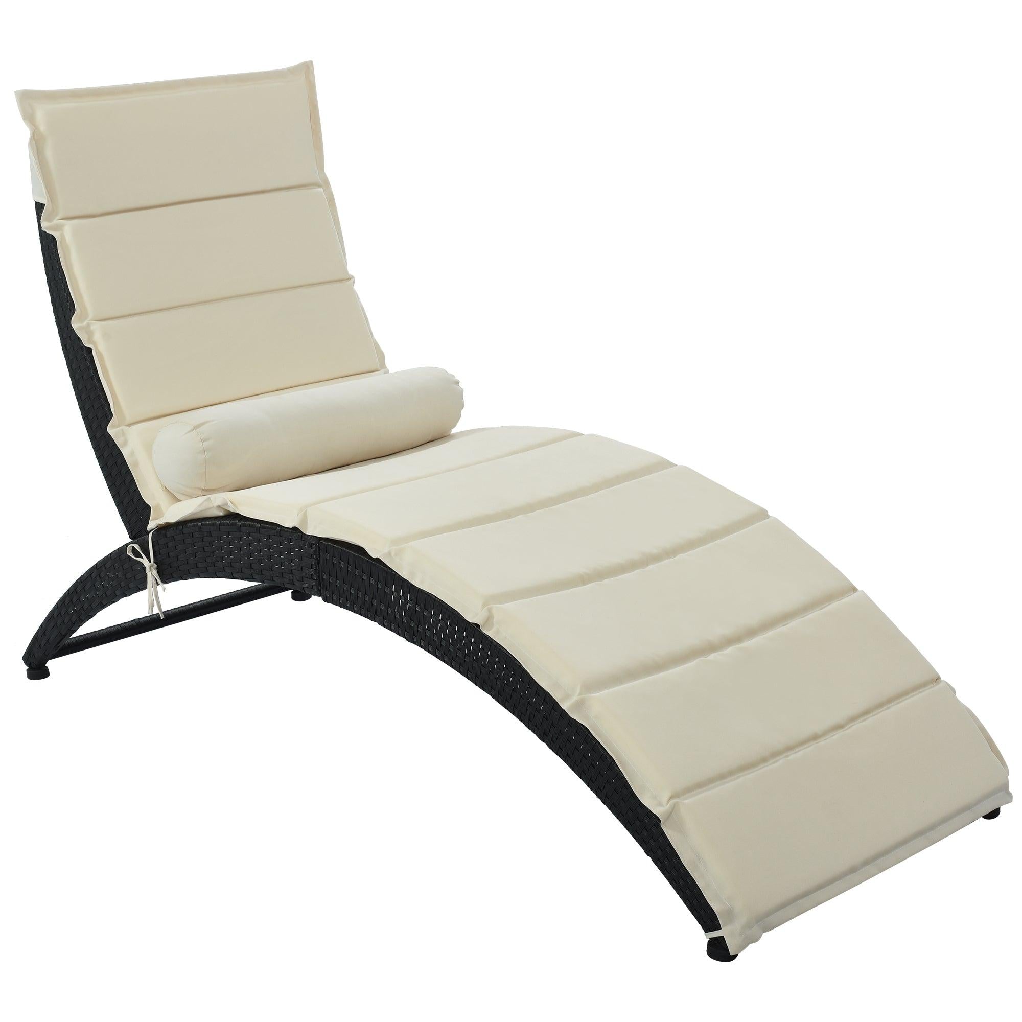 Outdoor Patio PE Rattan Wicker Sun Foldable Chaise Lounger with Removable Beige Cushion and Bolster Pillows