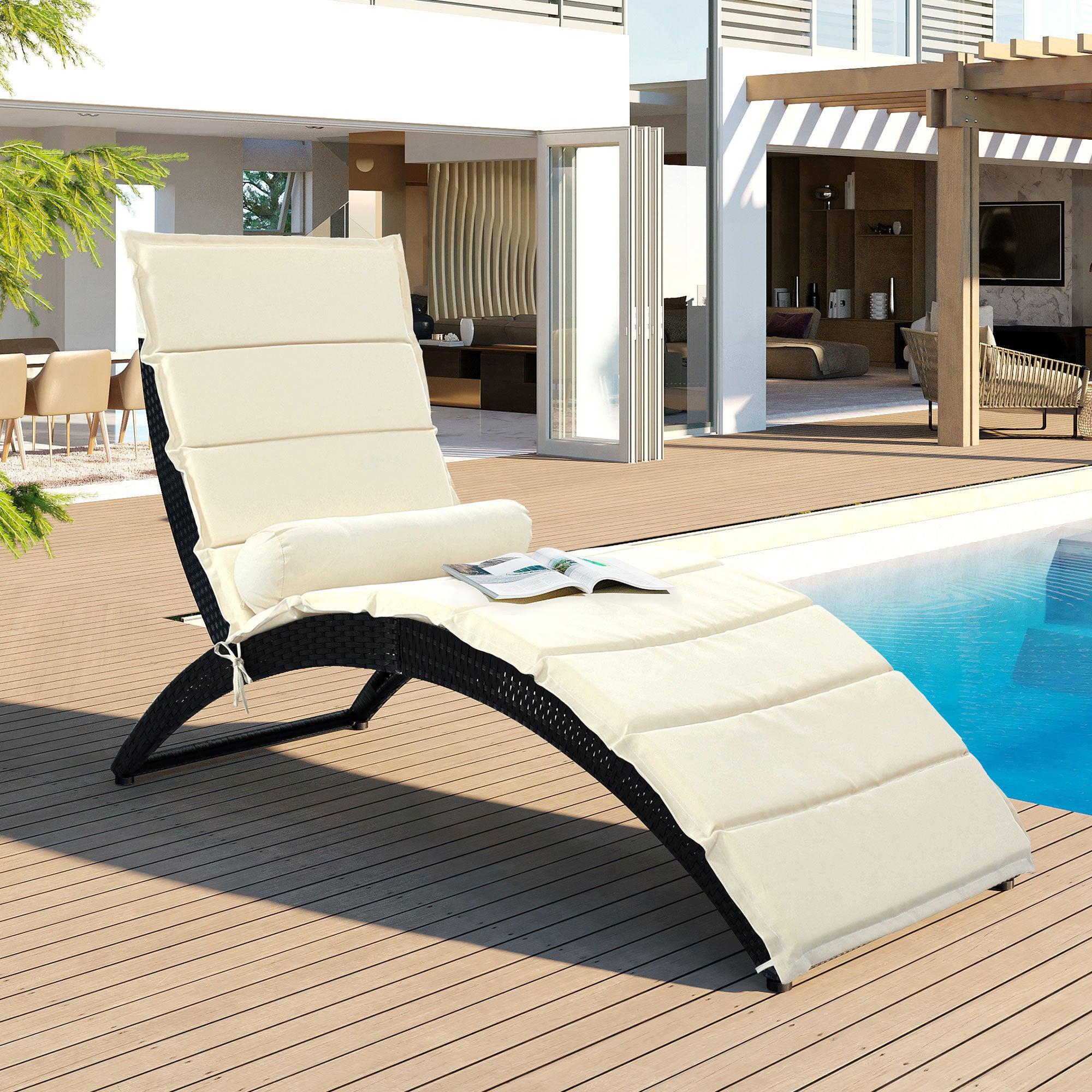 Outdoor Patio PE Rattan Wicker Sun Foldable Chaise Lounger with Removable Beige Cushion and Bolster Pillows