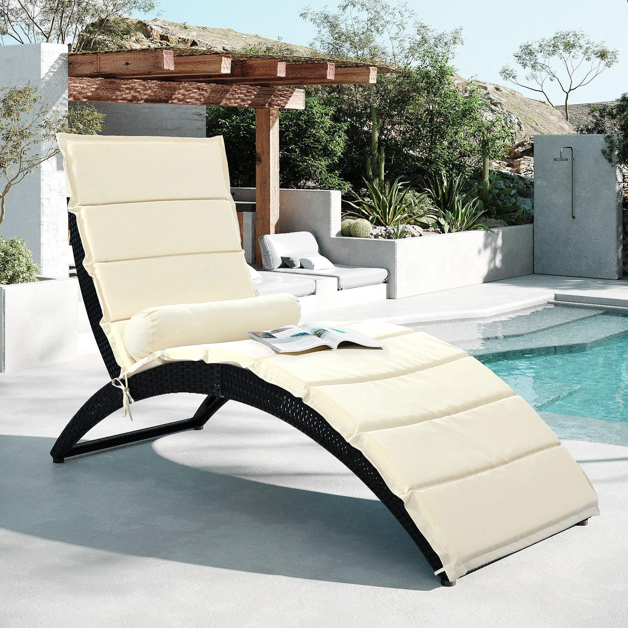 Outdoor Patio PE Rattan Wicker Sun Foldable Chaise Lounger with Removable Beige Cushion and Bolster Pillows image