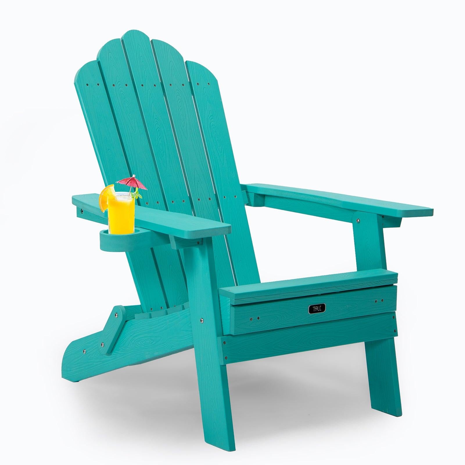 Folding Outdoor Poly Lumber Adirondack Chair with Pullout Ottoman and Cup Holder - Teal Green