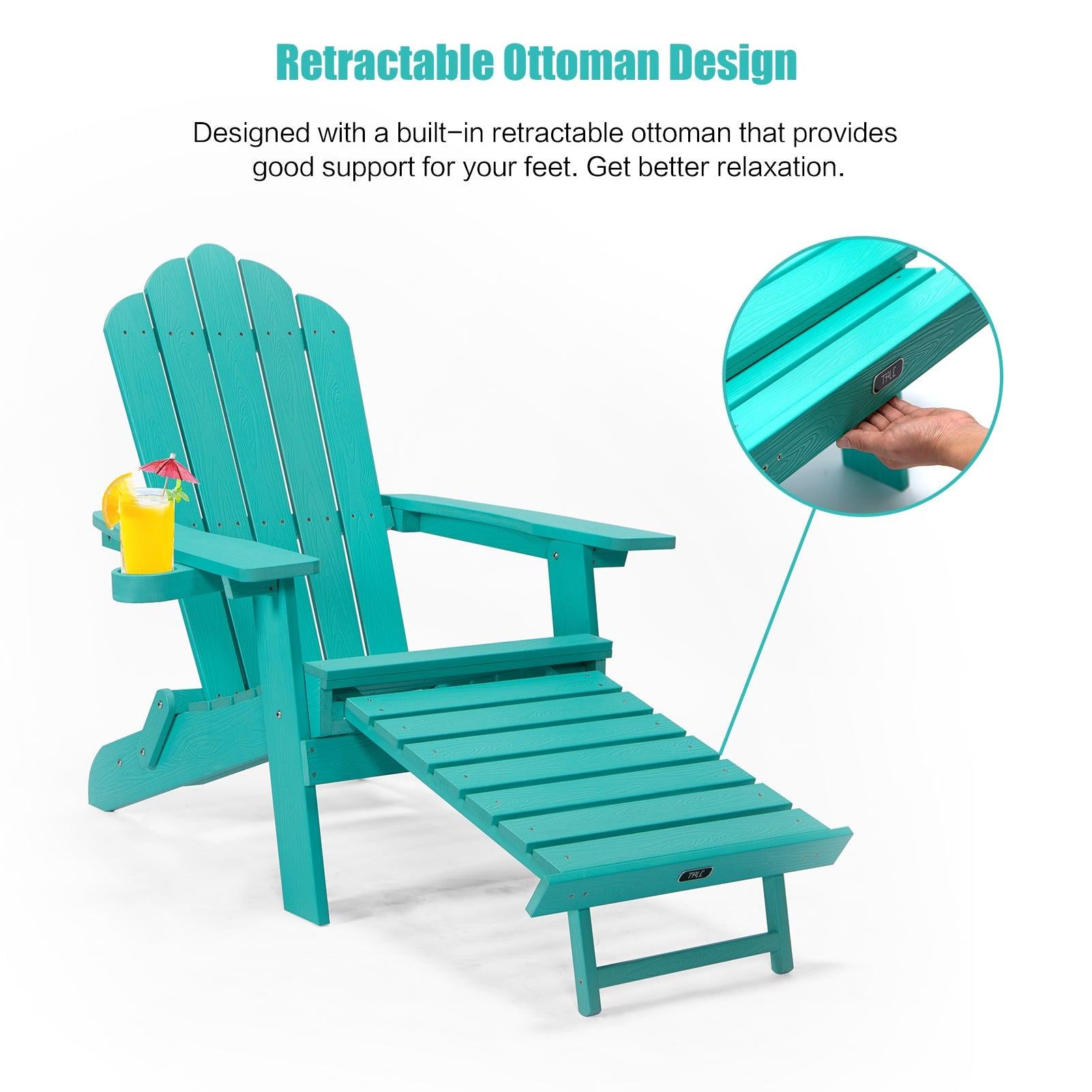 Folding Outdoor Poly Lumber Adirondack Chair with Pullout Ottoman and Cup Holder - Teal Green