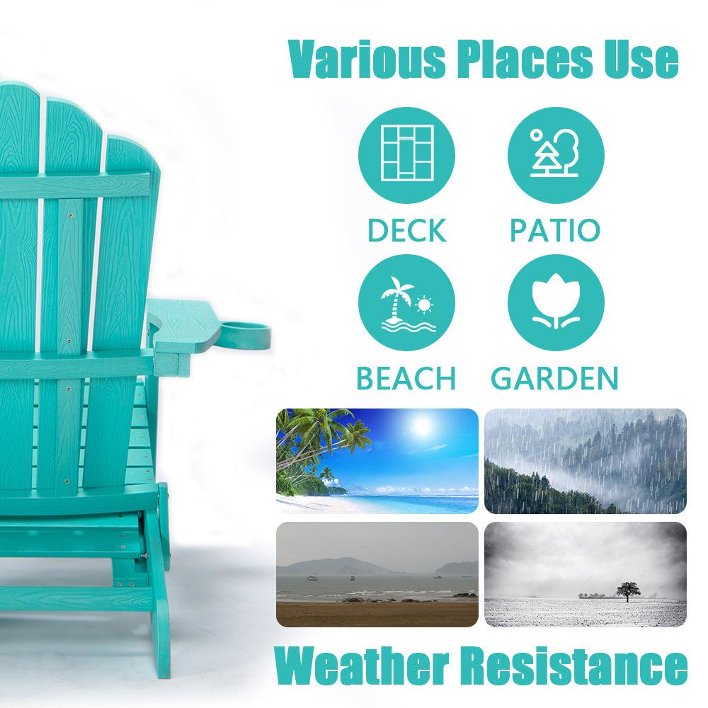 Folding Outdoor Poly Lumber Adirondack Chair with Pullout Ottoman and Cup Holder - Teal Green