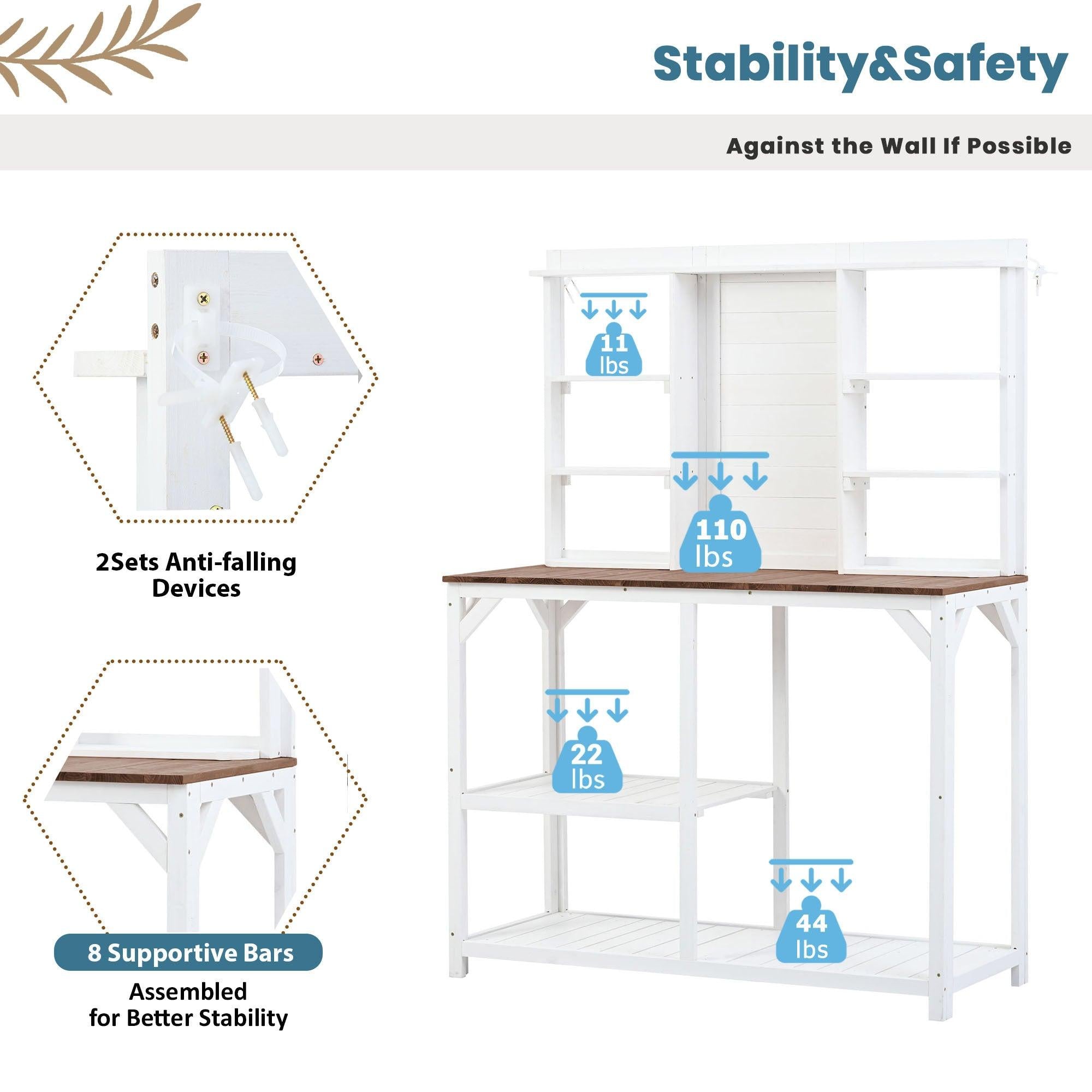 64.6" Large Outdoor Garden Potting Bench with Tabletop, 6-Tier Shelves, and Side Hook - White