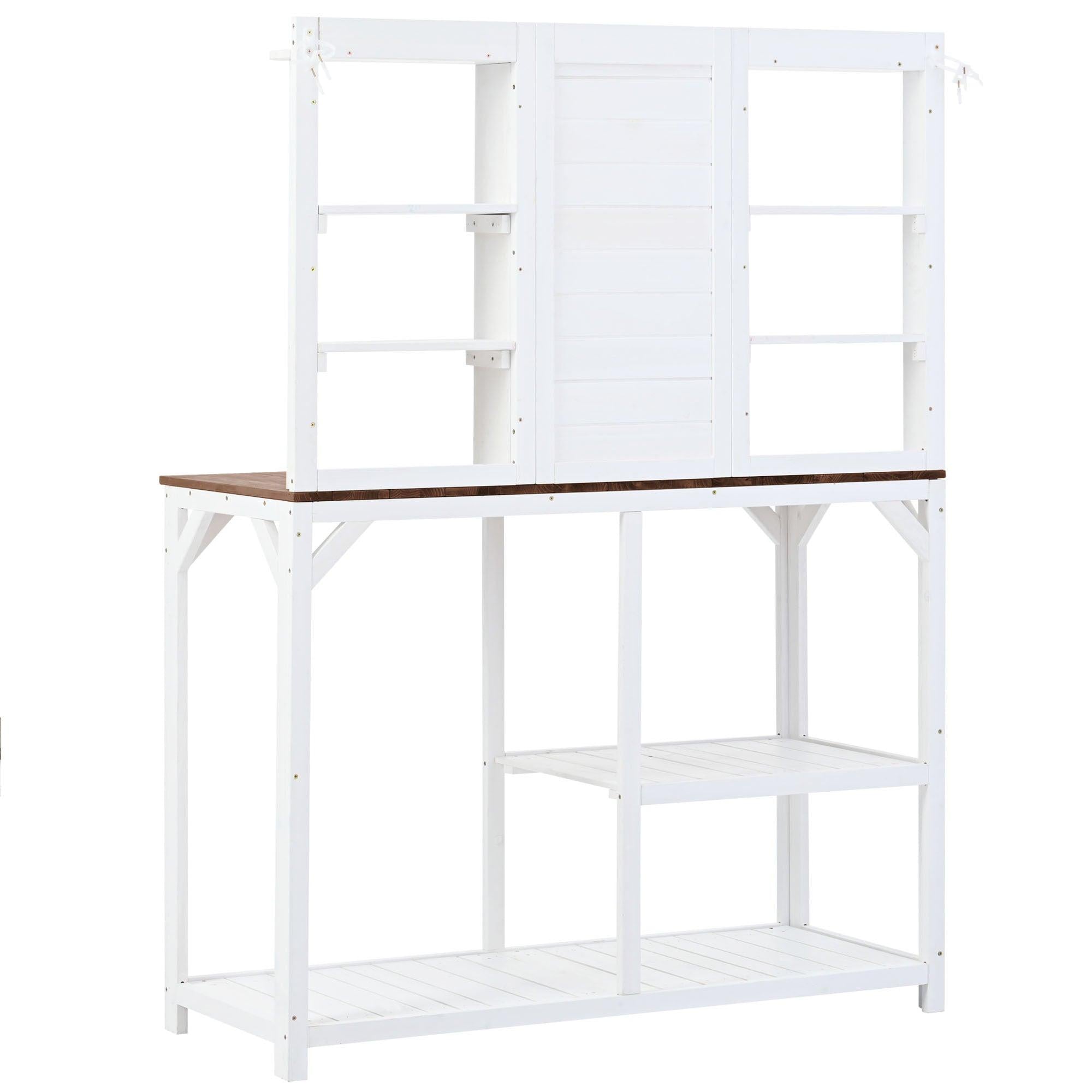 64.6" Large Outdoor Garden Potting Bench with Tabletop, 6-Tier Shelves, and Side Hook - White