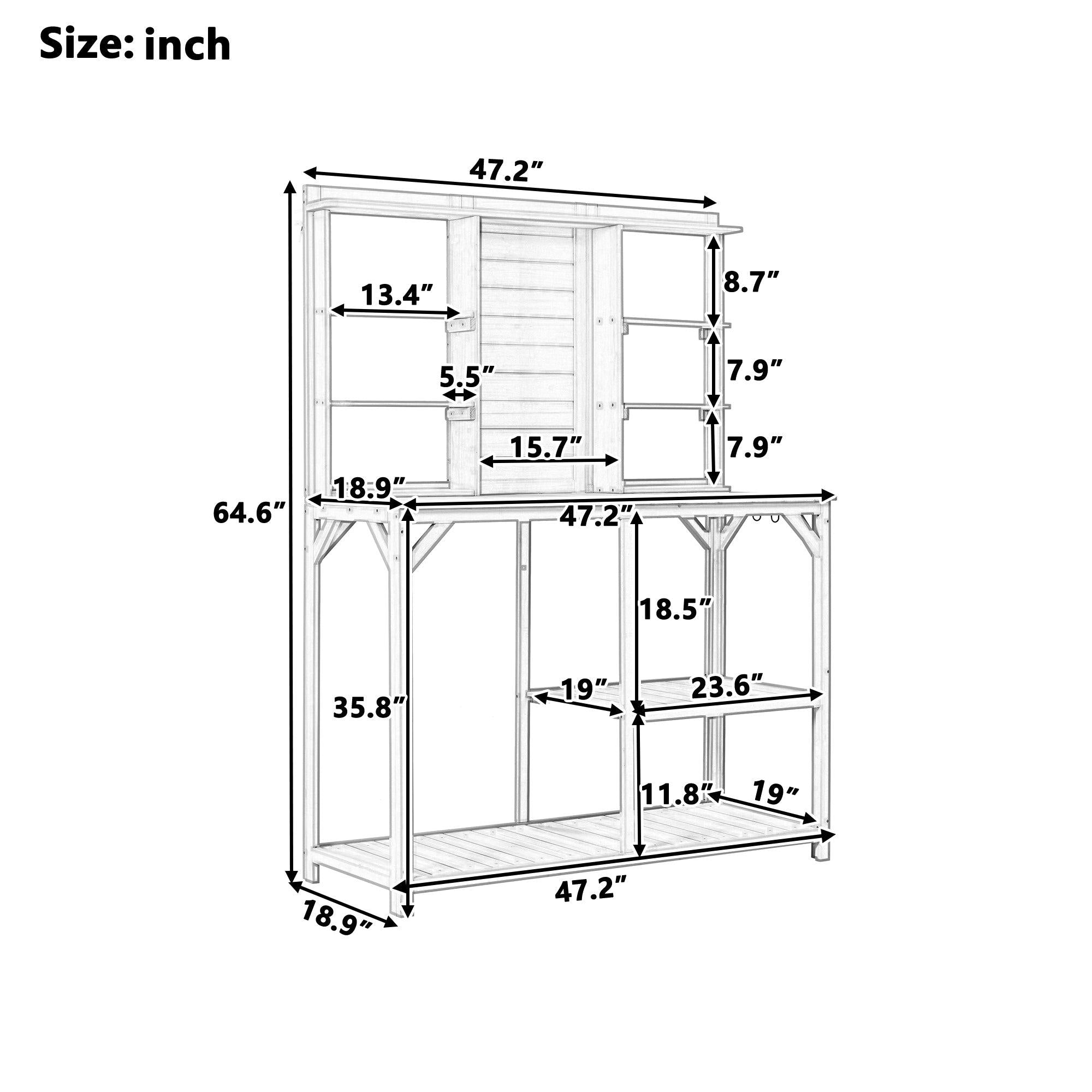 64.6" Large Outdoor Garden Potting Bench with Tabletop, 6-Tier Shelves, and Side Hook - White