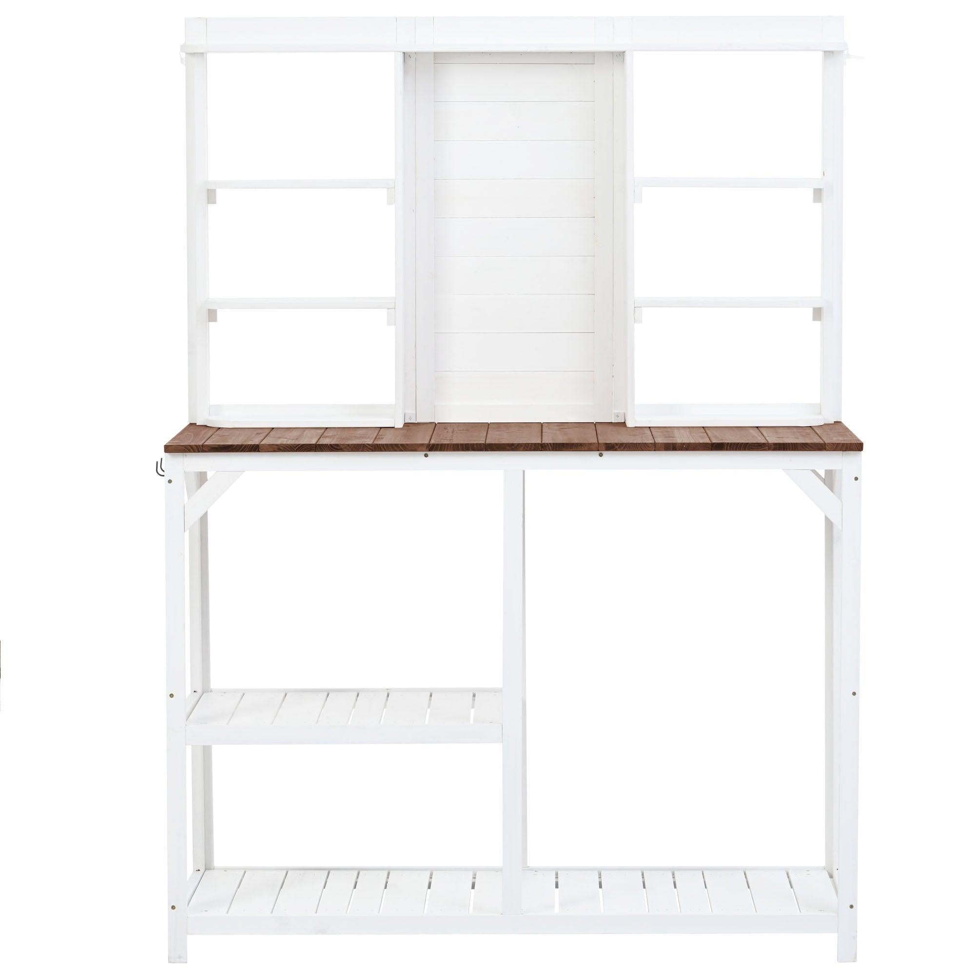 64.6" Large Outdoor Garden Potting Bench with Tabletop, 6-Tier Shelves, and Side Hook - White