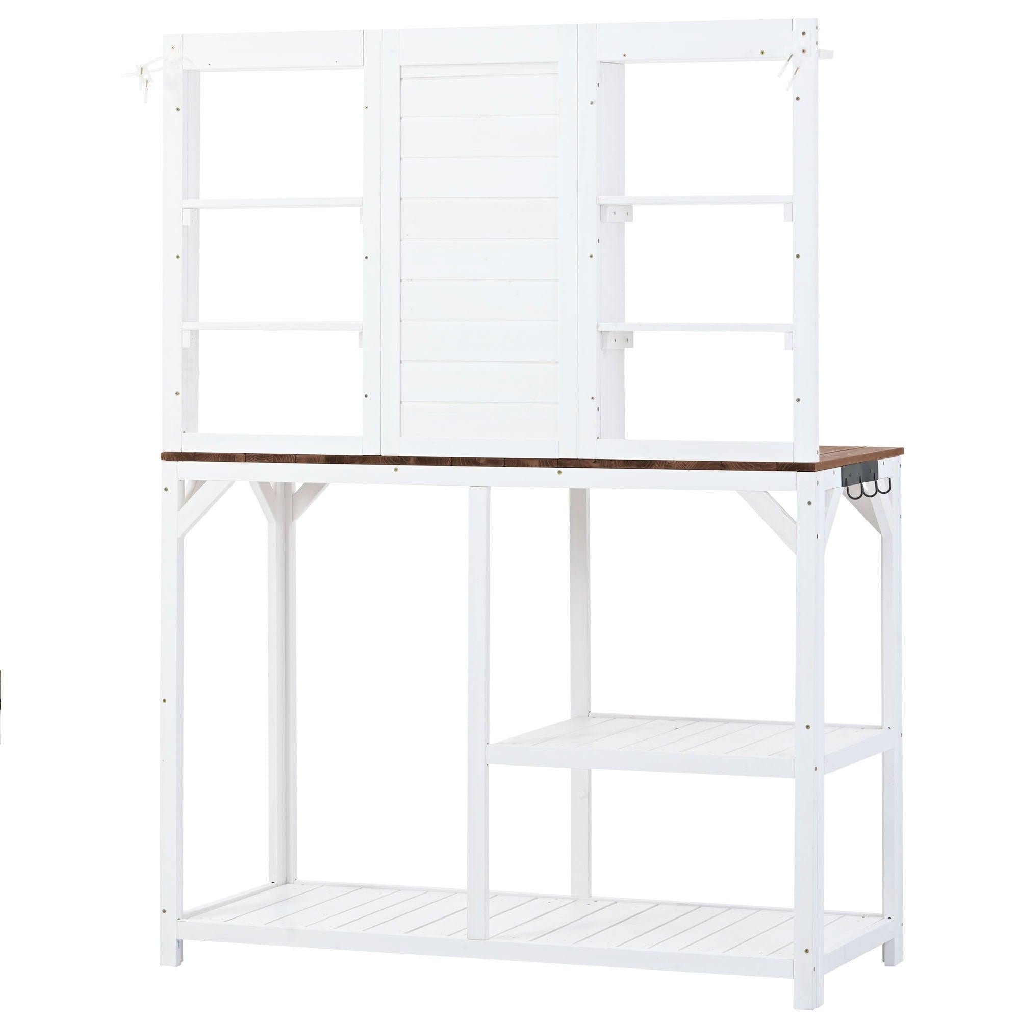 64.6" Large Outdoor Garden Potting Bench with Tabletop, 6-Tier Shelves, and Side Hook - White