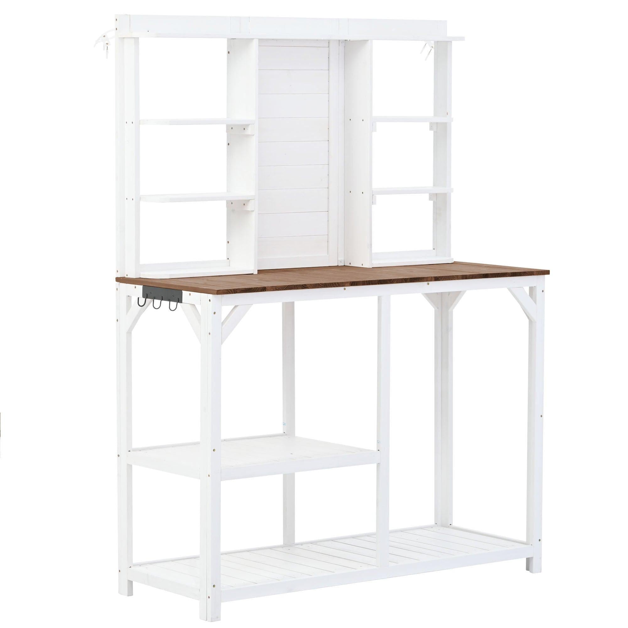 64.6" Large Outdoor Garden Potting Bench with Tabletop, 6-Tier Shelves, and Side Hook - White