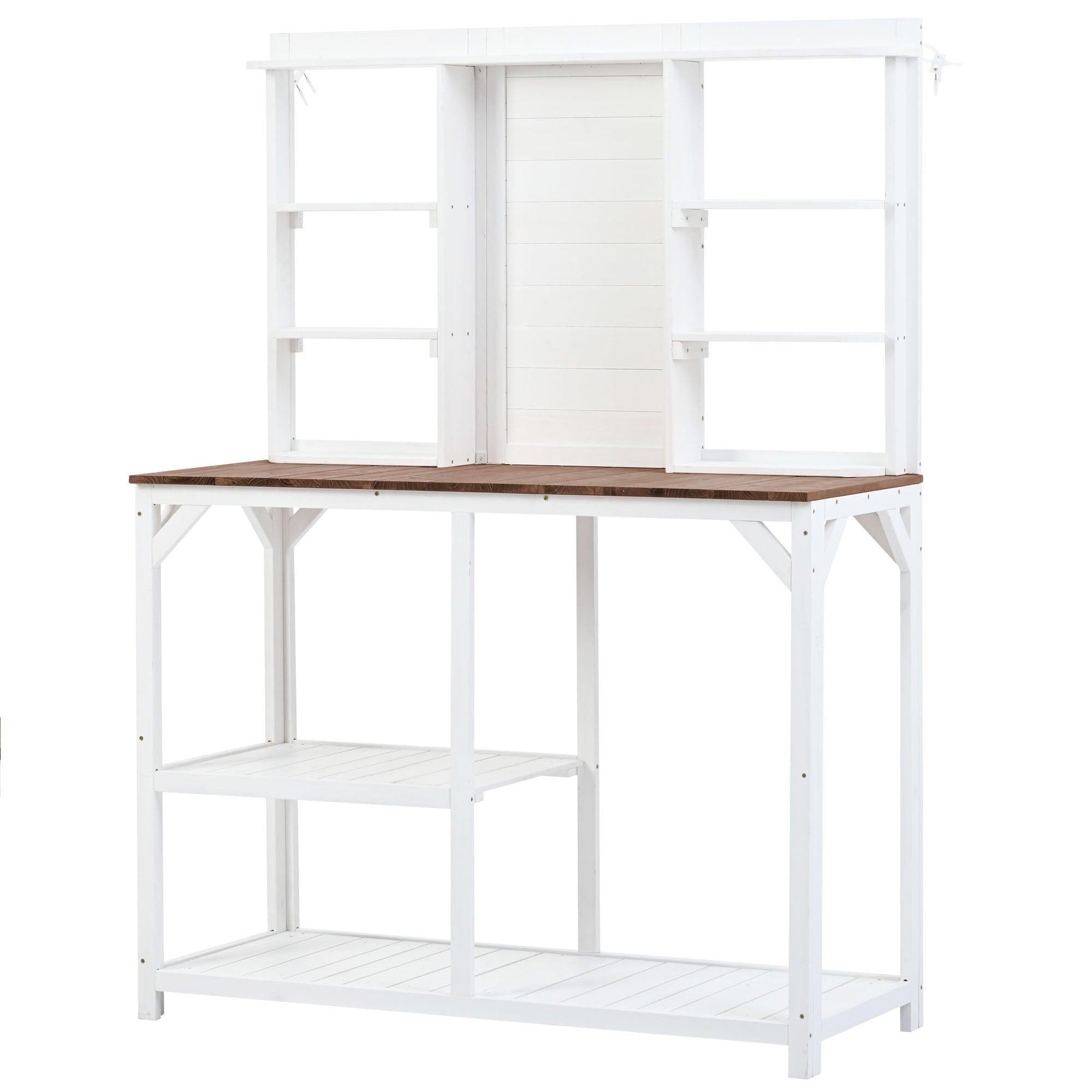 64.6" Large Outdoor Garden Potting Bench with Tabletop, 6-Tier Shelves, and Side Hook - White