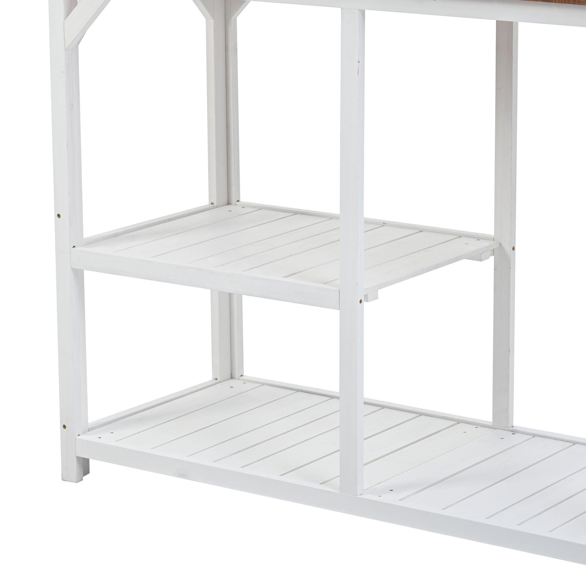 64.6" Large Outdoor Garden Potting Bench with Tabletop, 6-Tier Shelves, and Side Hook - White