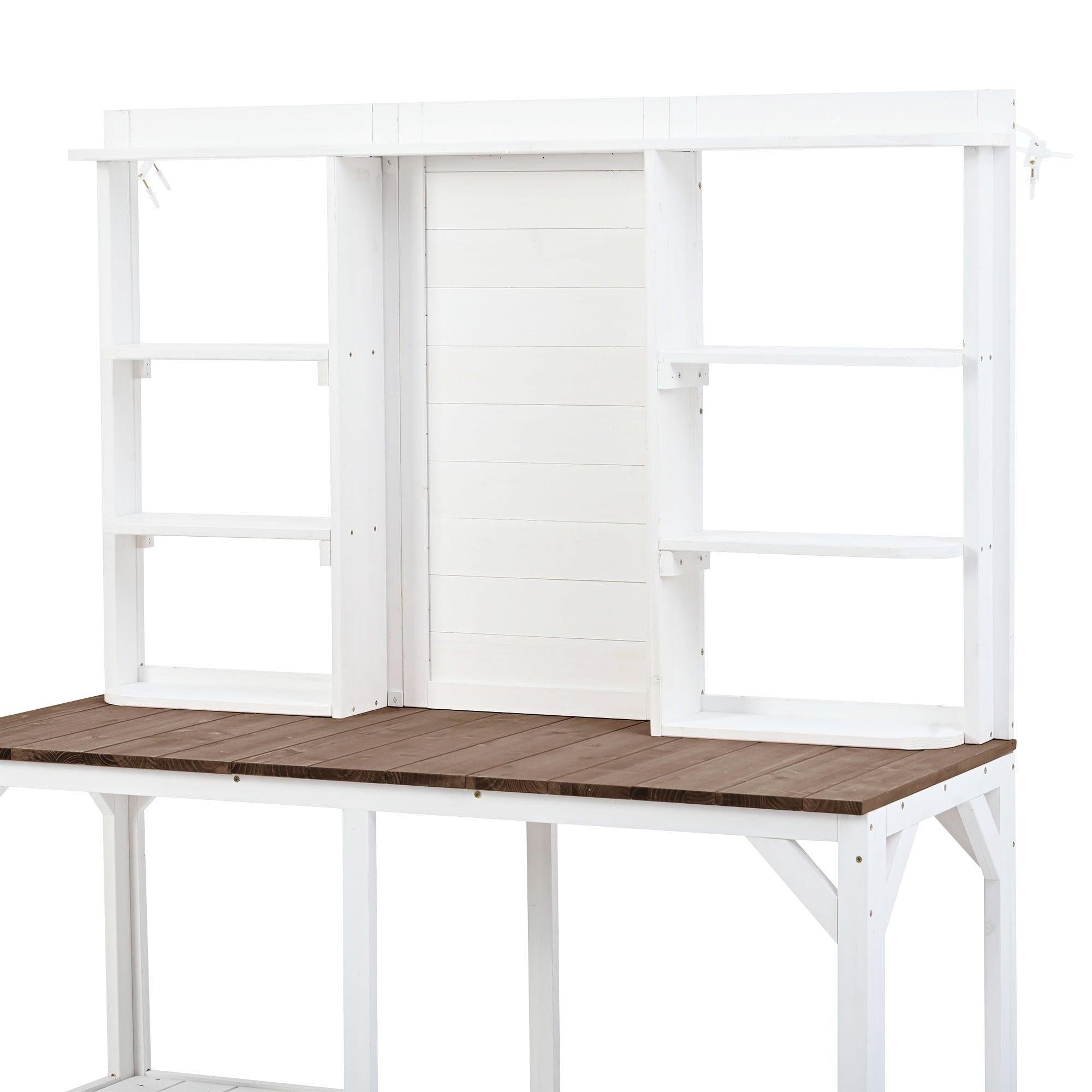 64.6" Large Outdoor Garden Potting Bench with Tabletop, 6-Tier Shelves, and Side Hook - White