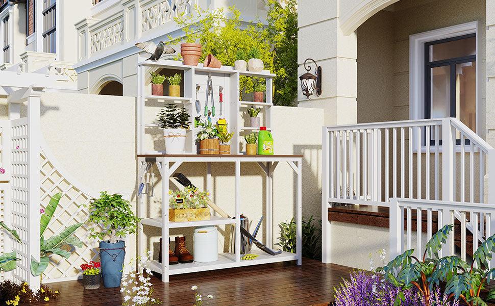 64.6" Large Outdoor Garden Potting Bench with Tabletop, 6-Tier Shelves, and Side Hook - White