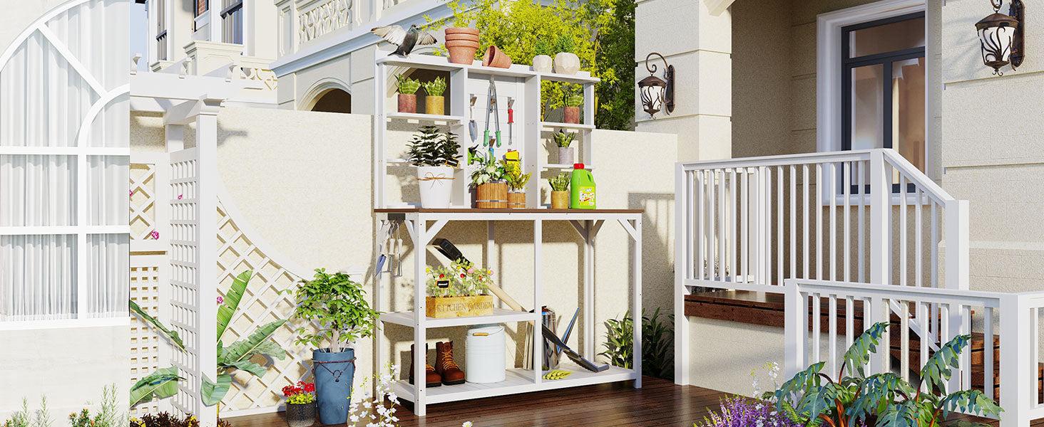 64.6" Large Outdoor Garden Potting Bench with Tabletop, 6-Tier Shelves, and Side Hook - White