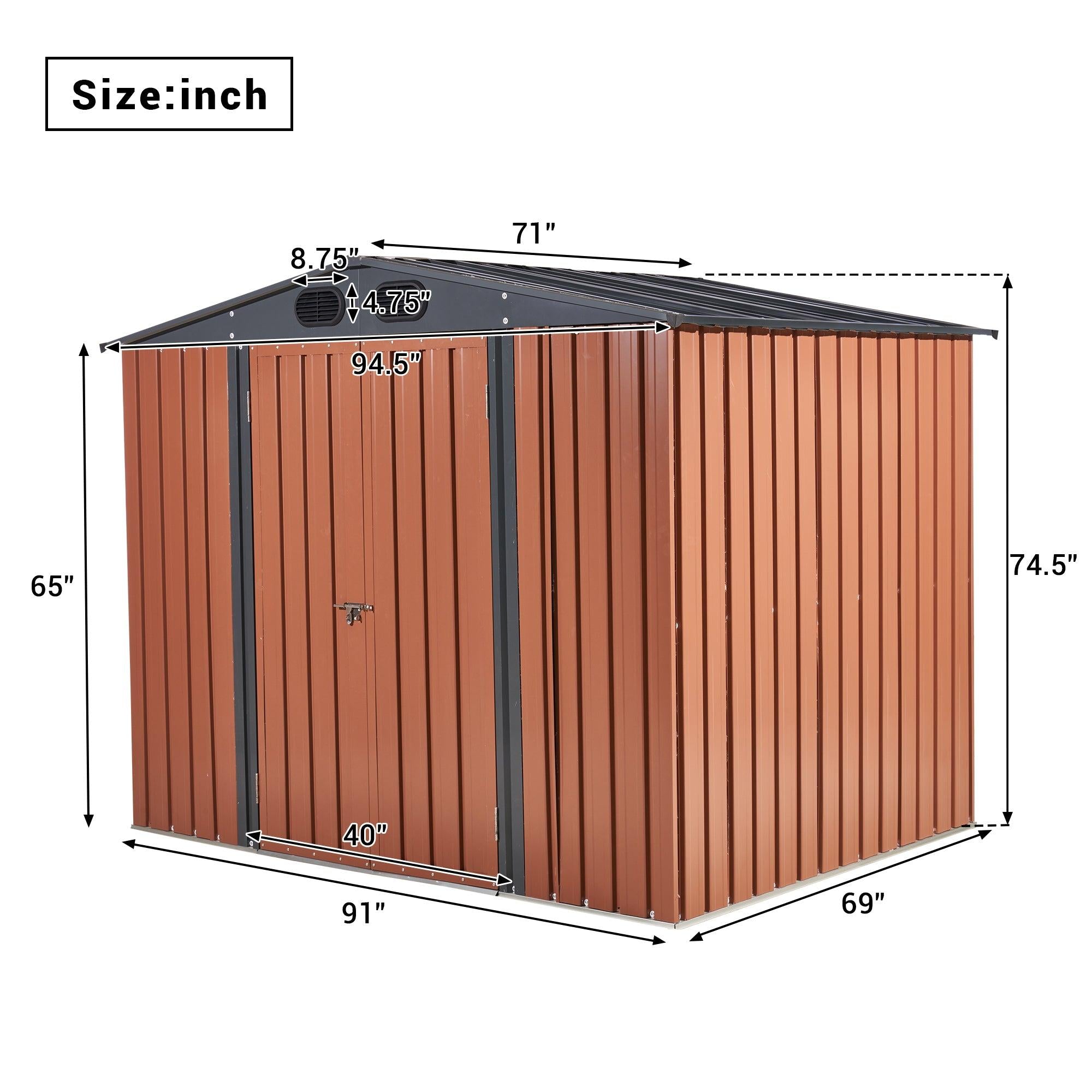 8ft x 6ft Outdoor Galvanized SteelStorage Shed with Lockable Door