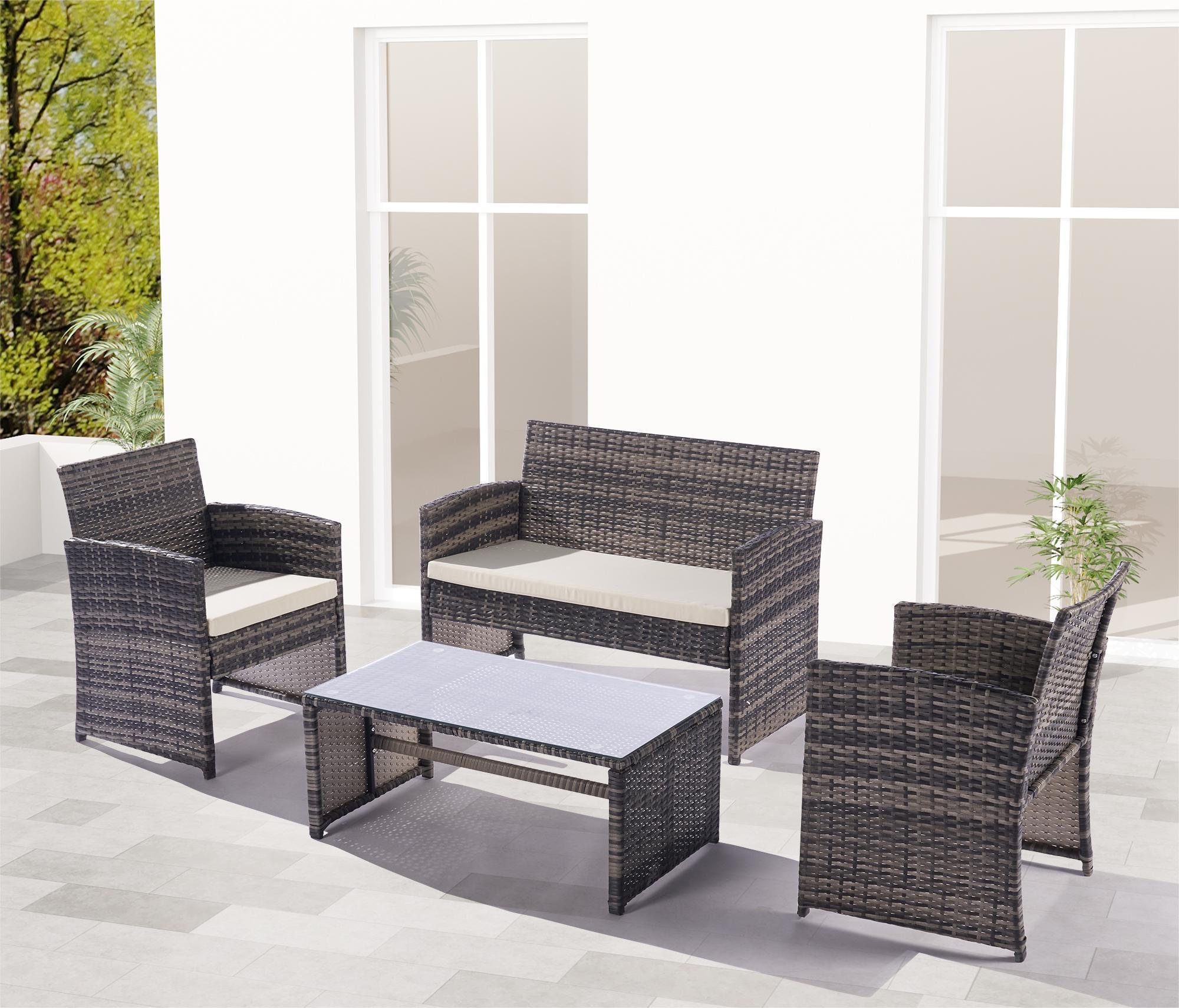 4 PCS Outdoor Rattan Furniture Sofa And Table Set with Beige Cushion